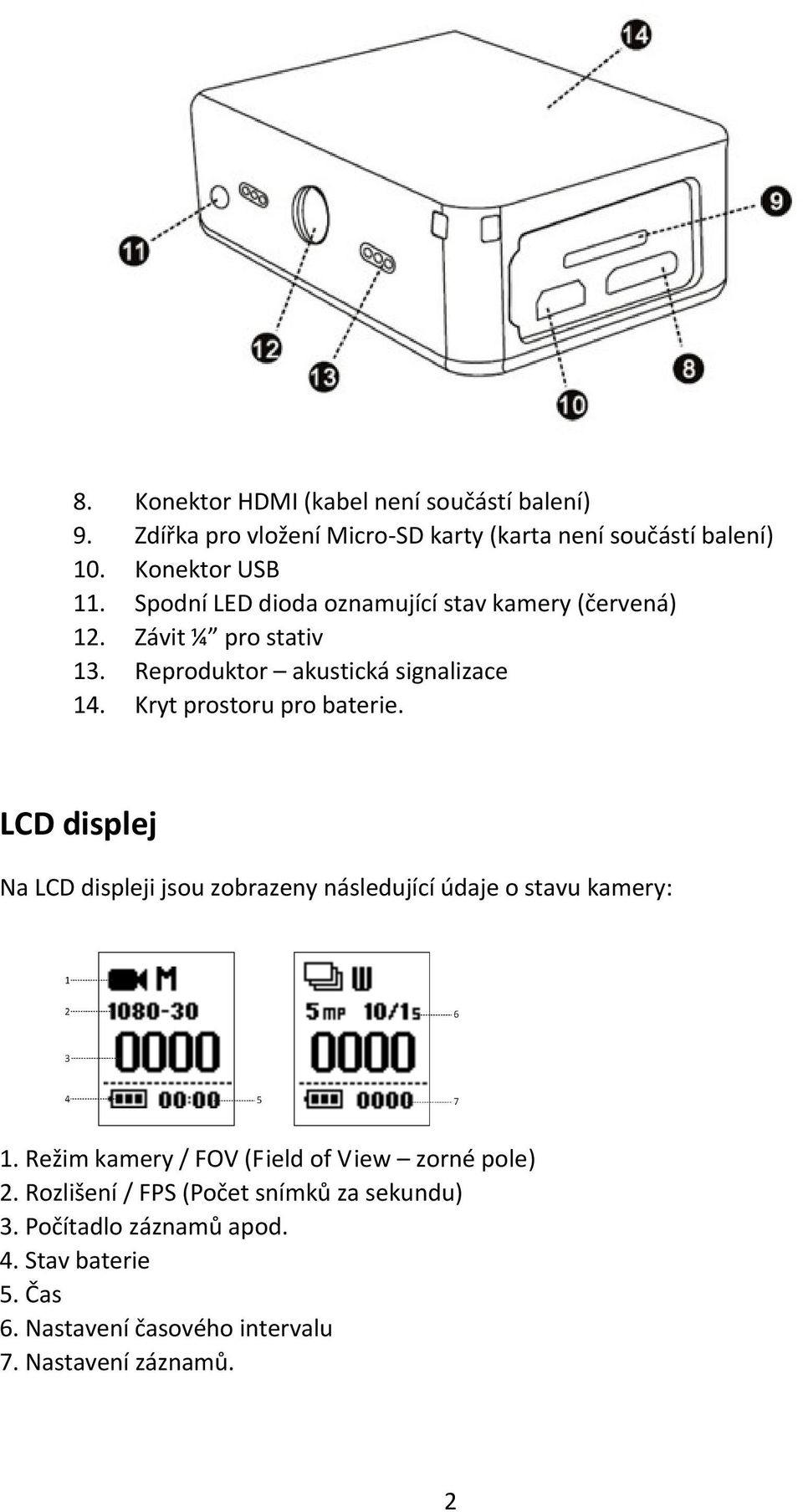 LCD displej Na LCD displeji jsou zobrazeny následující údaje o stavu kamery: 1 Režim kamery / FOV (Field of View zorné pole) 2