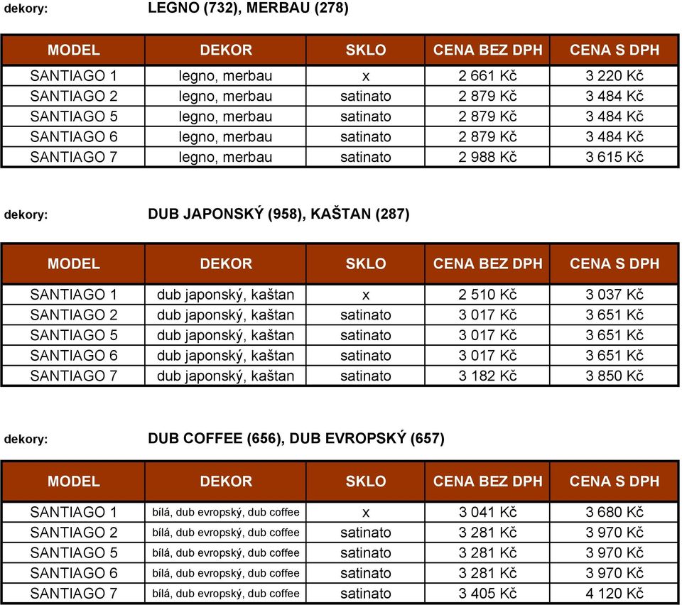 510 Kč 3 037 Kč SANTIAGO 2 dub japonský, kaštan satinato 3 017 Kč 3 651 Kč SANTIAGO 5 dub japonský, kaštan satinato 3 017 Kč 3 651 Kč SANTIAGO 6 dub japonský, kaštan satinato 3 017 Kč 3 651 Kč