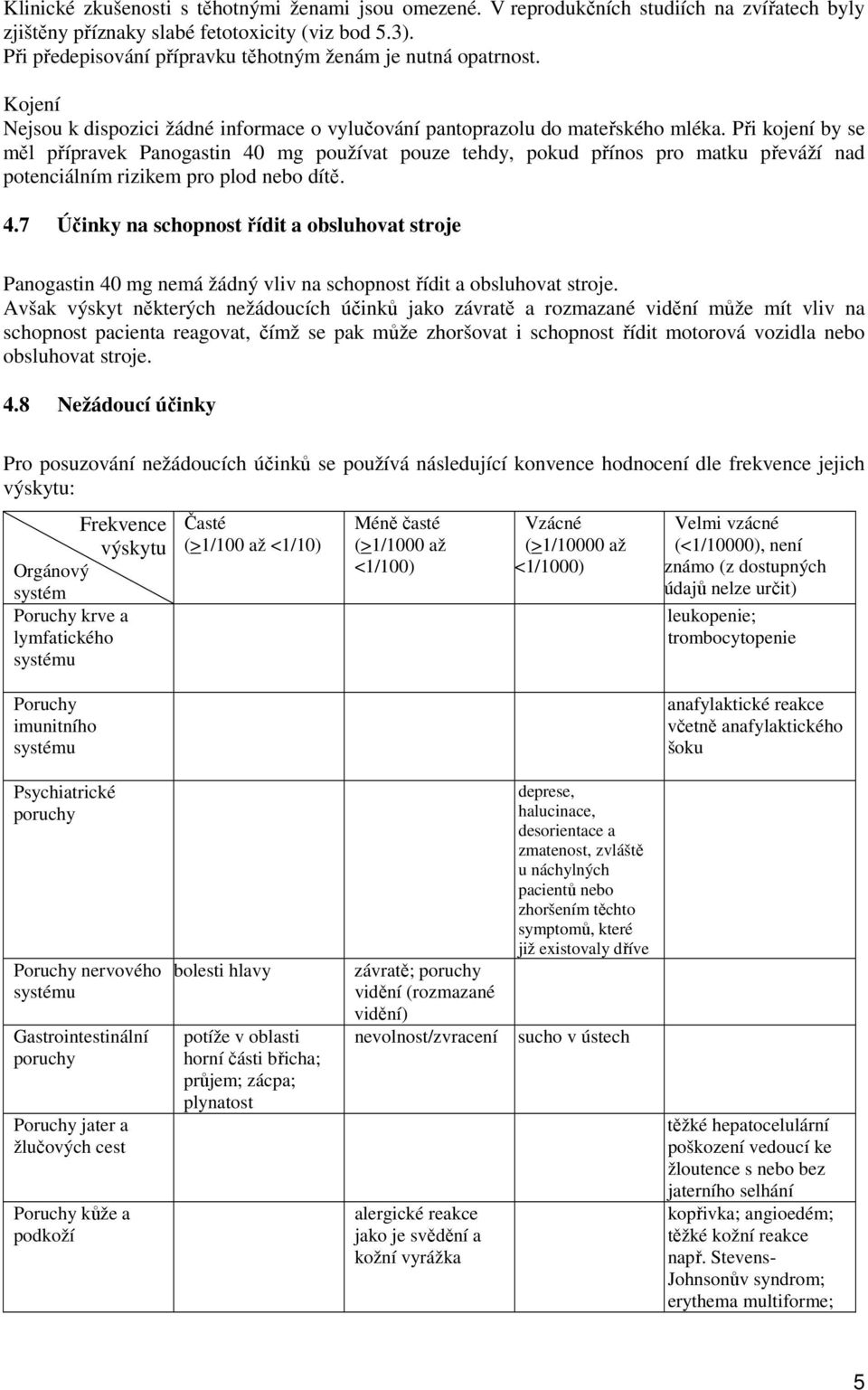 Při kojení by se měl přípravek Panogastin 40 mg používat pouze tehdy, pokud přínos pro matku převáží nad potenciálním rizikem pro plod nebo dítě. 4.7 Účinky na schopnost řídit a obsluhovat stroje Panogastin 40 mg nemá žádný vliv na schopnost řídit a obsluhovat stroje.