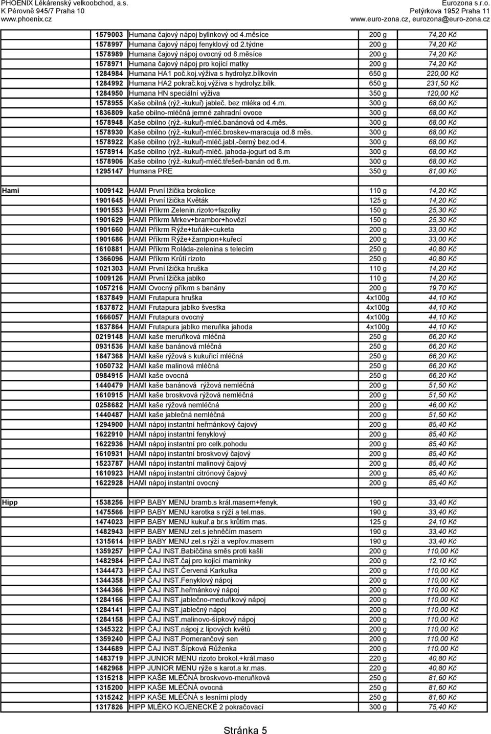 vin 650 g 220,00 Kč 1284992 Humana HA2 pokrač.koj.výživa s hydrolyz.bílk. 650 g 231,50 Kč 1284950 Humana HN speciální výživa 350 g 120,00 Kč 1578955 Kaše obilná (rýž.-kukuř) jableč. bez mléka od 4.m. 300 g 68,00 Kč 1836809 kaše obilno-mléčná jemné zahradní ovoce 300 g 68,00 Kč 1578948 Kaše obilno (rýž.