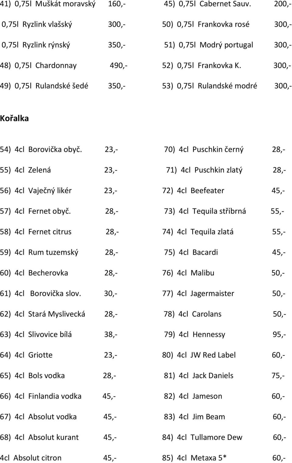 300,- 49) 0,75l Rulandské šedé 350,- 53) 0,75l Rulandské modré 300,- Kořalka 54) 4cl Borovička obyč.