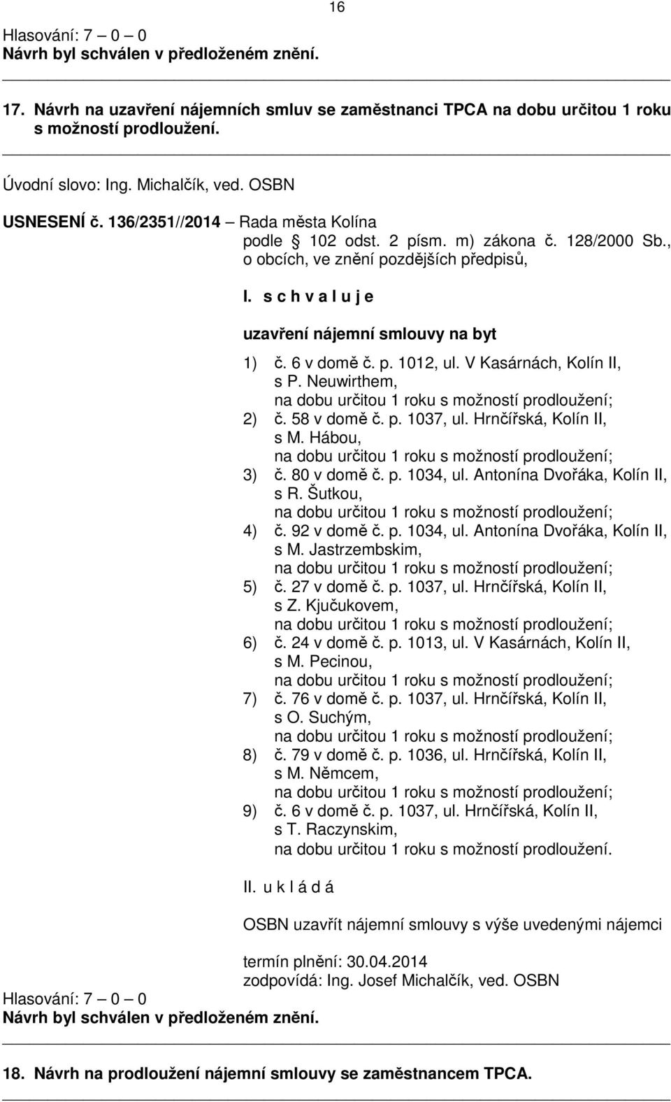 V Kasárnách, Kolín II, s P. Neuwirthem, na dobu určitou 1 roku s možností prodloužení; 2) č. 58 v domě č. p. 1037, ul. Hrnčířská, Kolín II, s M.