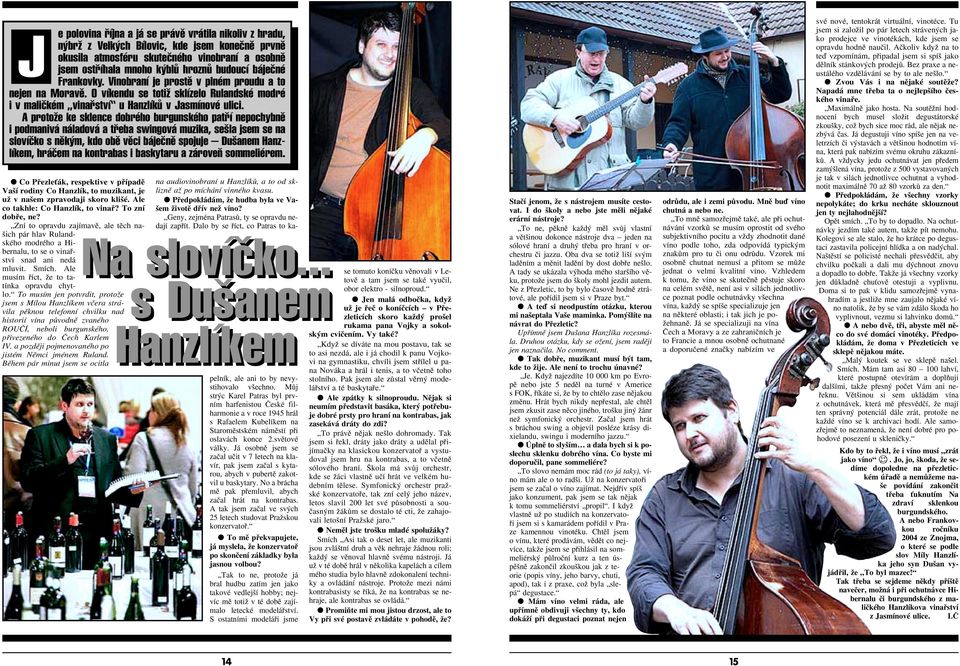 A protoïe ke sklence dobrého burgunského patfií nepochybnû i podmanivá náladová a tfieba swingová muzika, se la jsem se na slovíãko s nûk m, kdo obû vûci bájeãnû spojuje Du anem Hanzlíkem, hráãem na