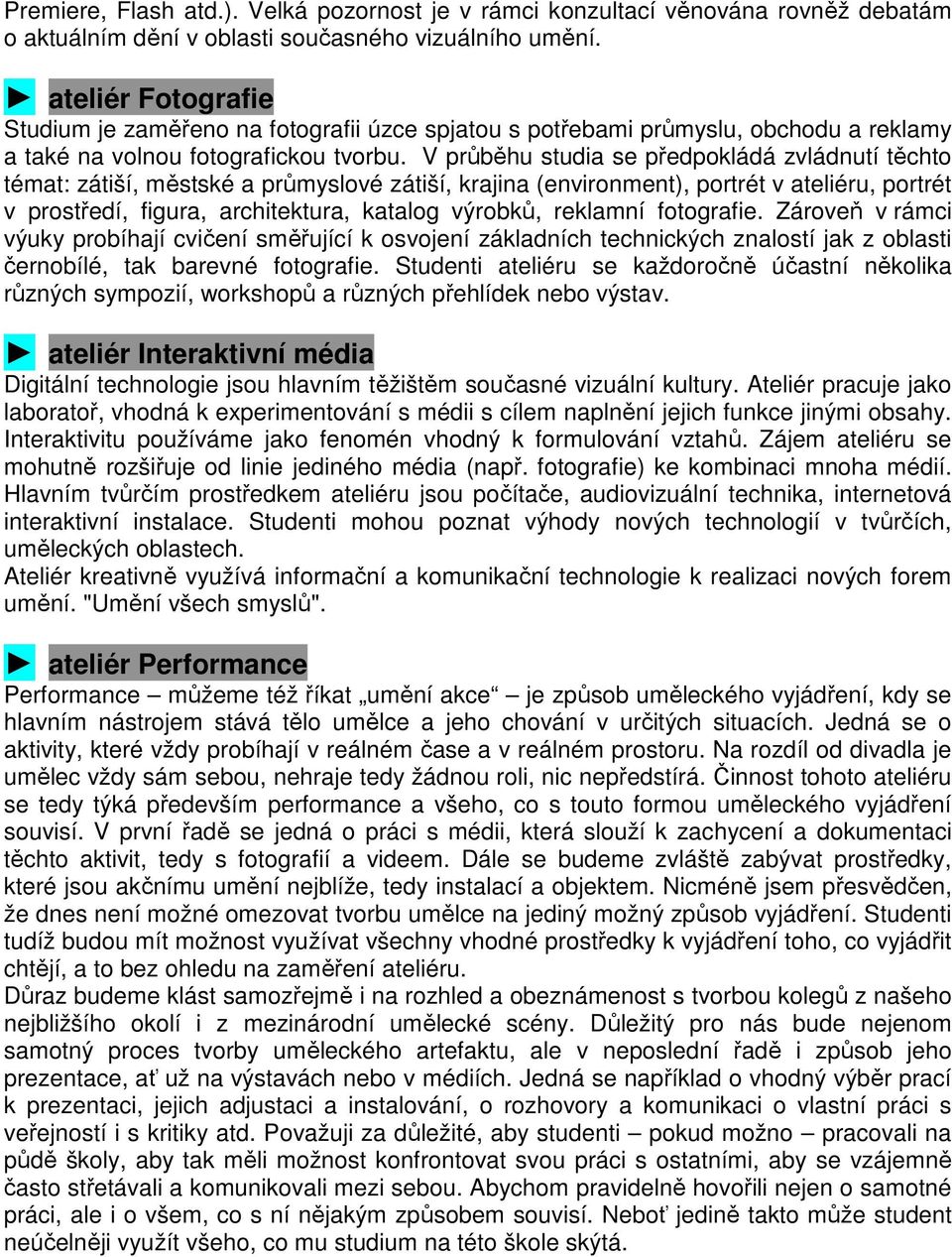 V průběhu studia se předpokládá zvládnutí těchto témat: zátiší, městské a průmyslové zátiší, krajina (environment), portrét v ateliéru, portrét v prostředí, figura, architektura, katalog výrobků,