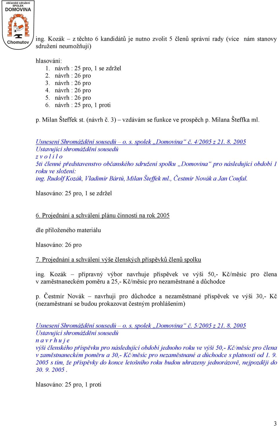 4/2005 z 21. 8. 2005 5ti členné představenstvo občanského sdružení spolku Domovina pro následující období 1 roku ve složení: ing. Rudolf Kozák, Vladimír Bártů, Milan Šteffek ml.