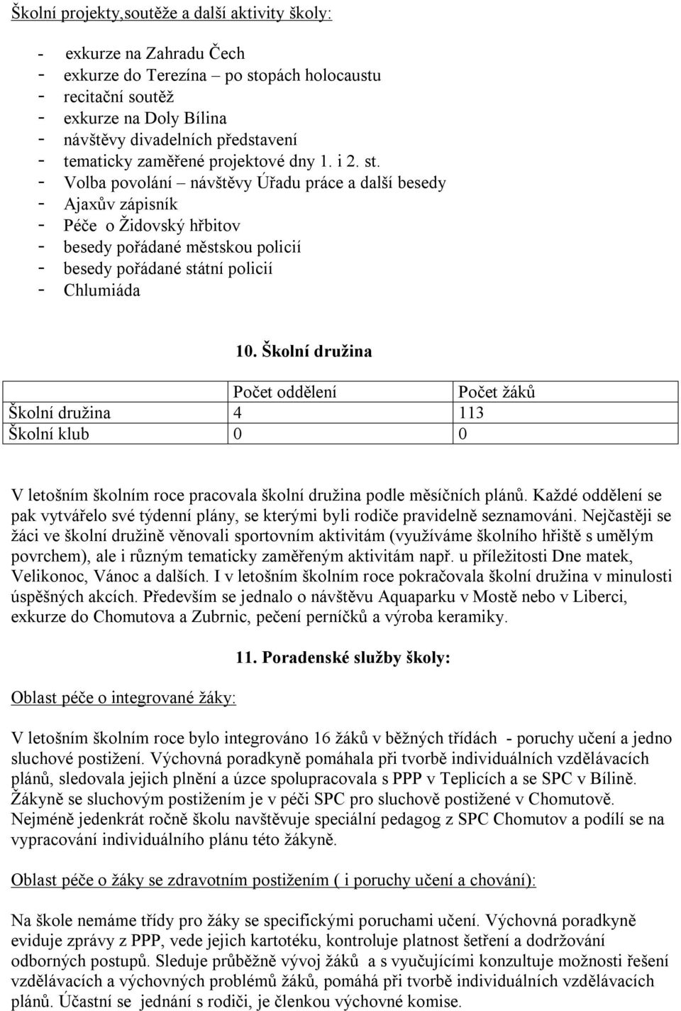 - Volba povolání návštěvy Úřadu práce a další besedy - Ajaxův zápisník - Péče o Židovský hřbitov - besedy pořádané městskou policií - besedy pořádané státní policií - Chlumiáda 10.