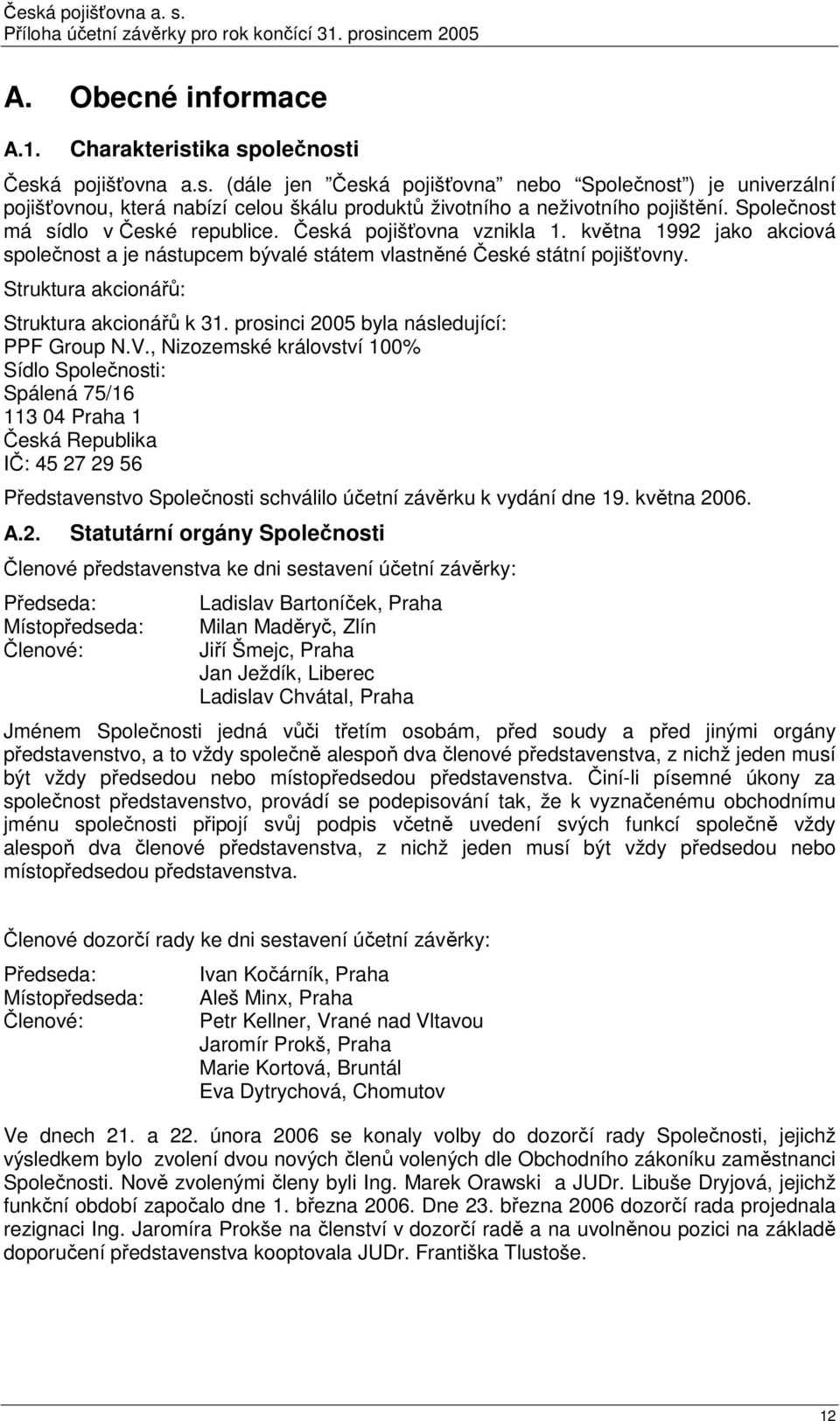 Struktura akcionářů: Struktura akcionářů k 31. prosinci 2005 byla následující: PPF Group N.V.