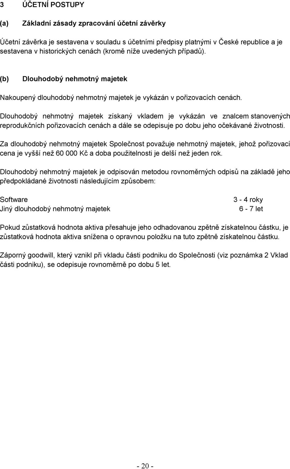 Dlouhodobý nehmotný majetek získaný vkladem je vykázán ve znalcem stanovených reprodukčních pořizovacích cenách a dále se odepisuje po dobu jeho očekávané životnosti.