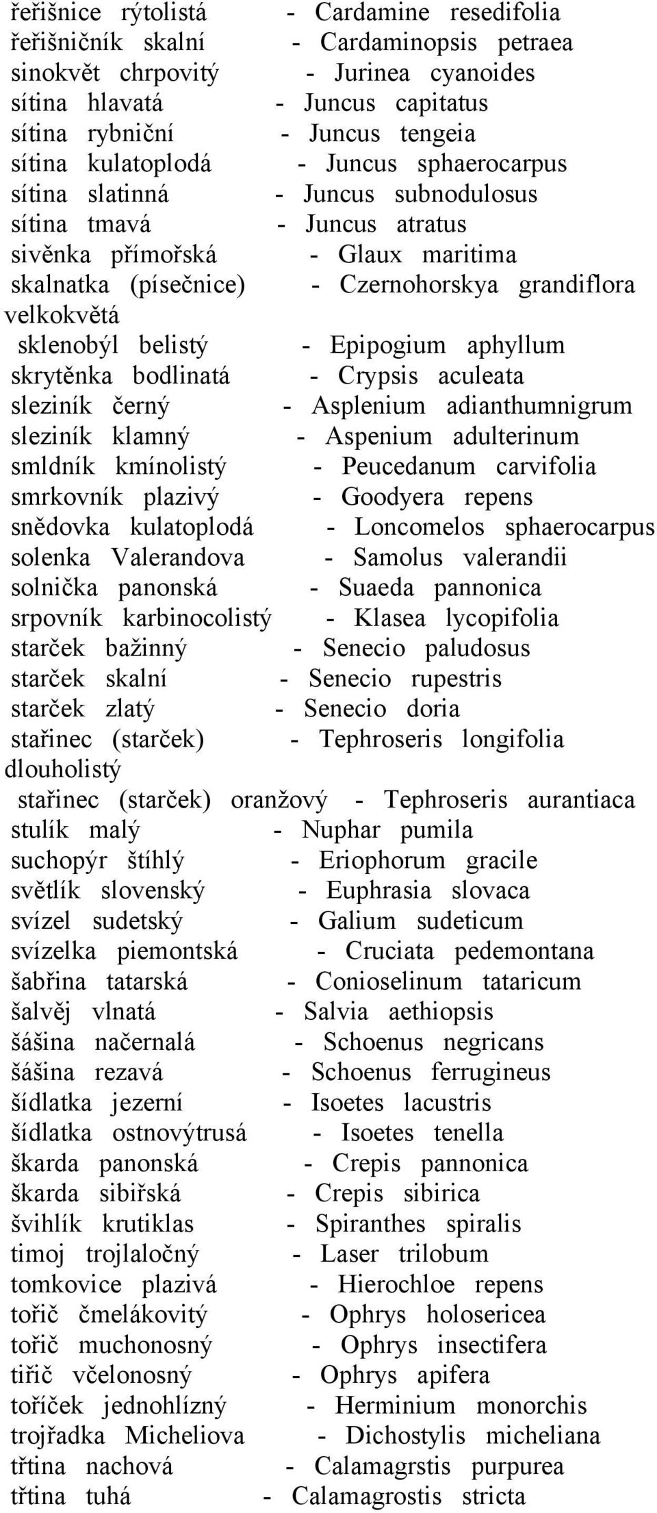 sklenobýl belistý - Epipogium aphyllum skrytěnka bodlinatá - Crypsis aculeata sleziník černý - Asplenium adianthumnigrum sleziník klamný - Aspenium adulterinum smldník kmínolistý - Peucedanum