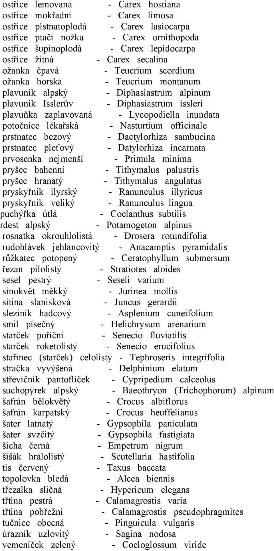 Lycopodiella inundata potočnice lékařská - Nasturtium officinale prstnatec bezový - Dactylorhiza sambucina prstnatec pleťový - Datylorhiza incarnata prvosenka nejmenší - Primula minima pryšec bahenní