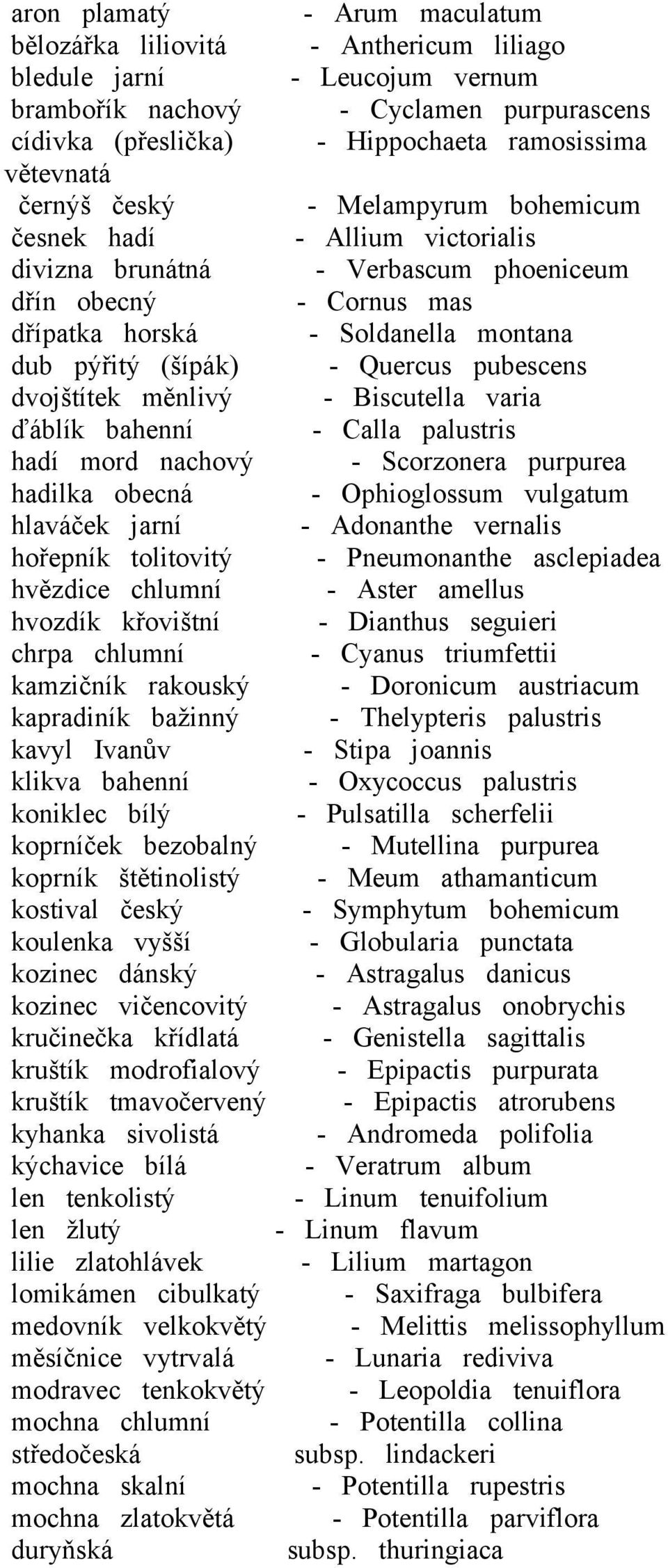 - Quercus pubescens dvojštítek měnlivý - Biscutella varia ďáblík bahenní - Calla palustris hadí mord nachový - Scorzonera purpurea hadilka obecná - Ophioglossum vulgatum hlaváček jarní - Adonanthe