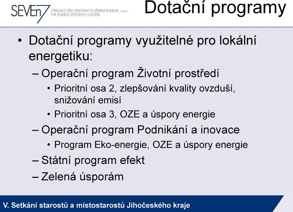 snižování emisí Prioritní osa 3, OZE a úspory energie Operační program