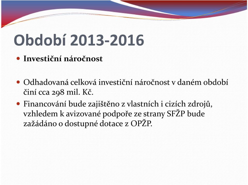 Financování bude zajištěno z vlastních i cizích zdrojů,