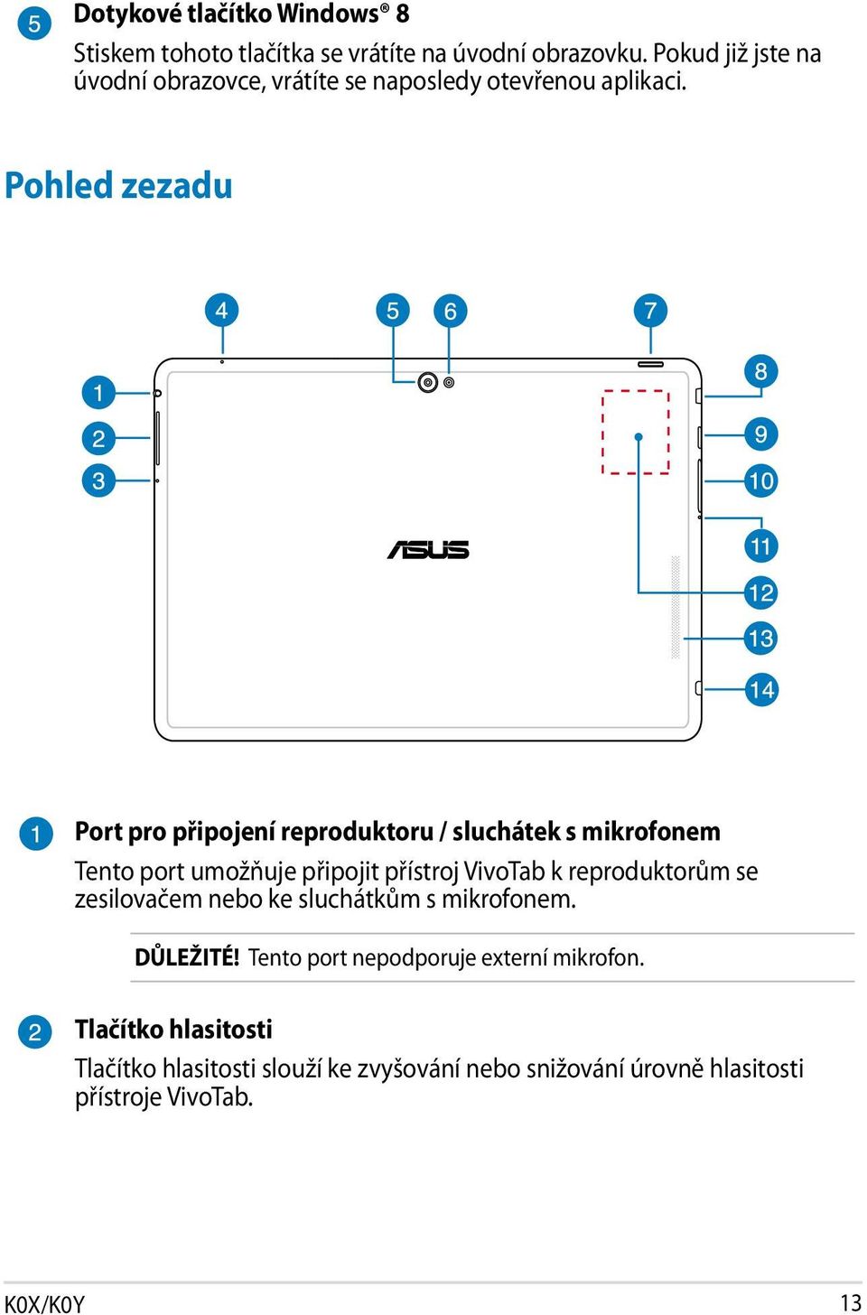 Pohled zezadu Port pro připojení reproduktoru / sluchátek s mikrofonem Tento port umožňuje připojit přístroj VivoTab k