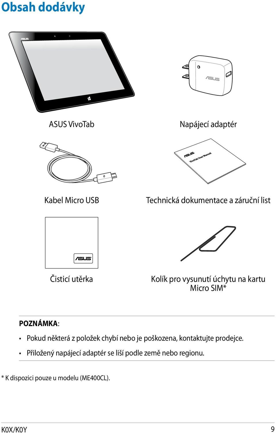 Pokud některá z položek chybí nebo je poškozena, kontaktujte prodejce.