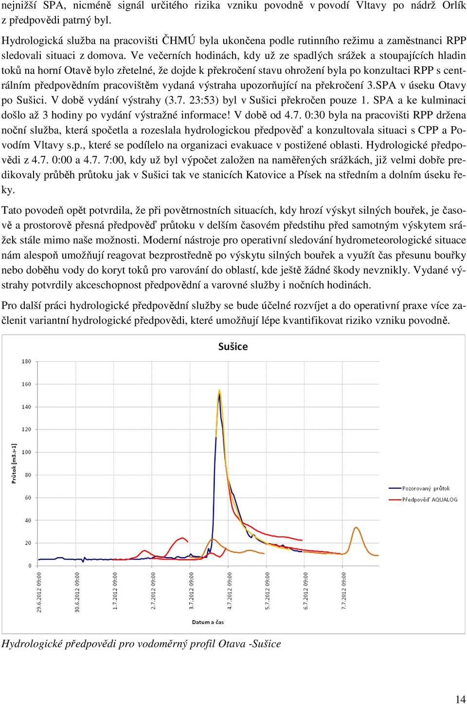 Ve večerních hodinách, kdy už ze spadlých srážek a stoupajících hladin toků na horní Otavě bylo zřetelné, že dojde k překročení stavu ohrožení byla po konzultaci RPP s centrálním předpovědním