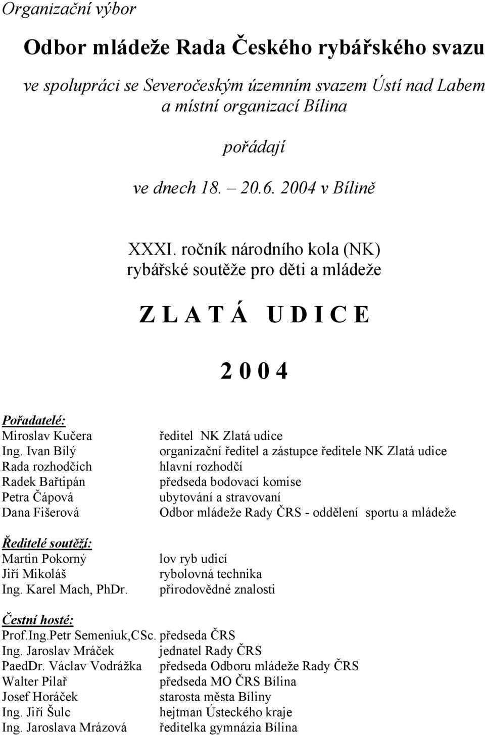 Ivan Bílý Rada rozhodčích Radek Bařtipán Petra Čápová Dana Fišerová Ředitelé soutěží: Martin Pokorný Jiří Mikoláš Ing. Karel Mach, PhDr.