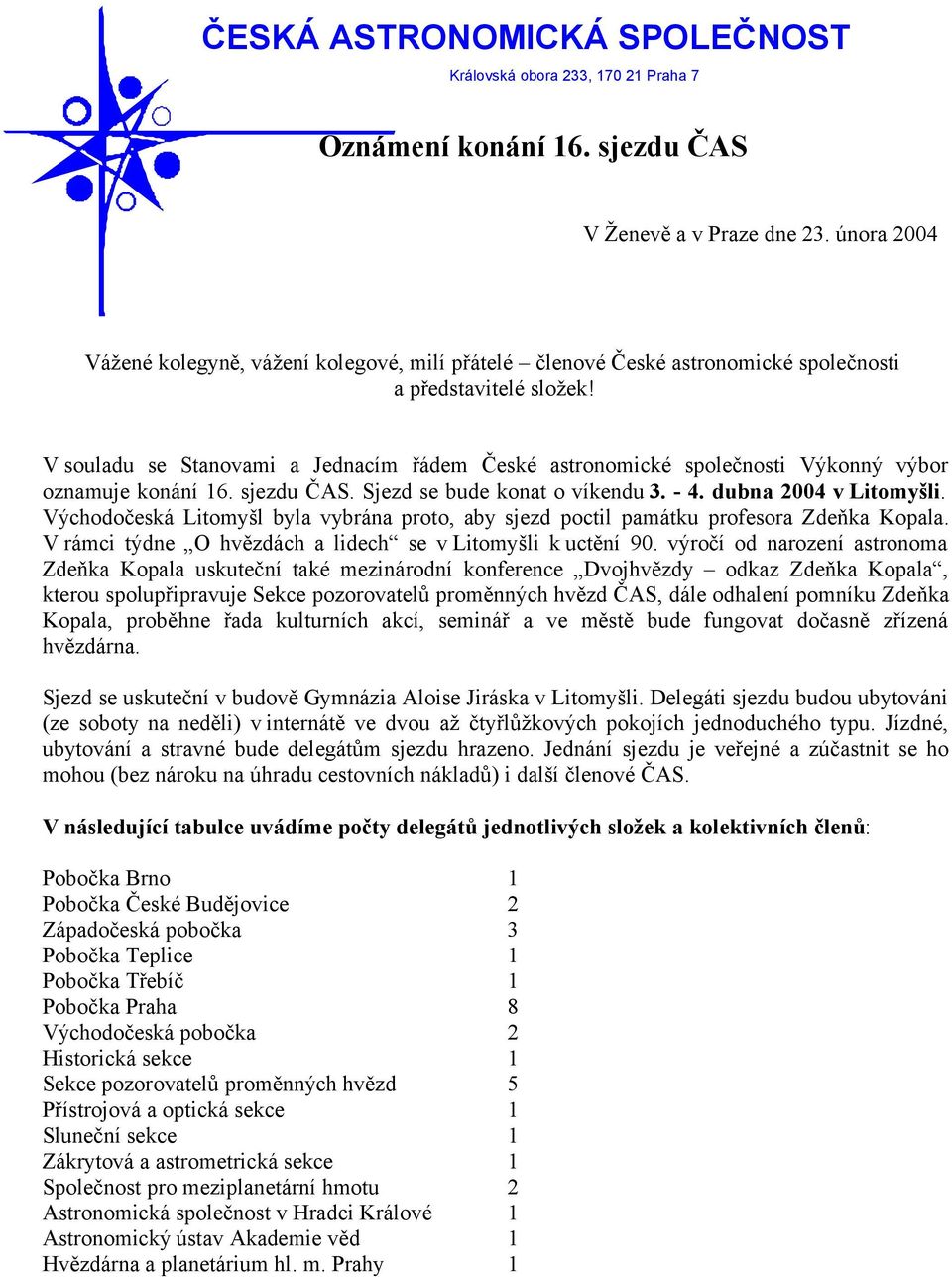 V souladu se Stanovami a Jednacím řádem České astronomické společnosti Výkonný výbor oznamuje konání 16. sjezdu ČAS. Sjezd se bude konat o víkendu 3. - 4. dubna 2004 v Litomyšli.