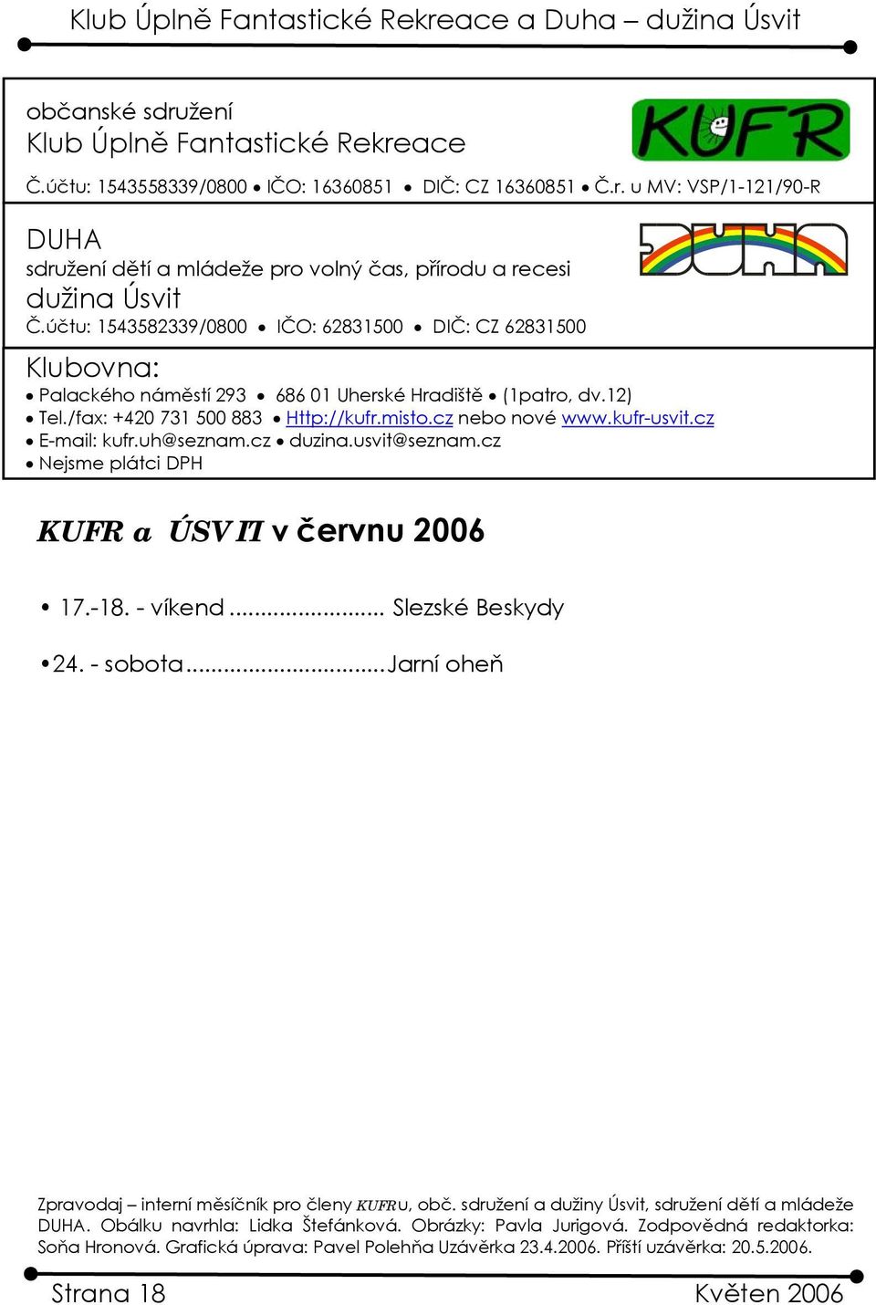 cz E-mail: kufr.uh@seznam.cz duzina.usvit@seznam.cz Nejsme plátci DPH KUFR a ÚSVIT v červnu 2006 17.-18. - víkend... Slezské Beskydy 24. - sobota.