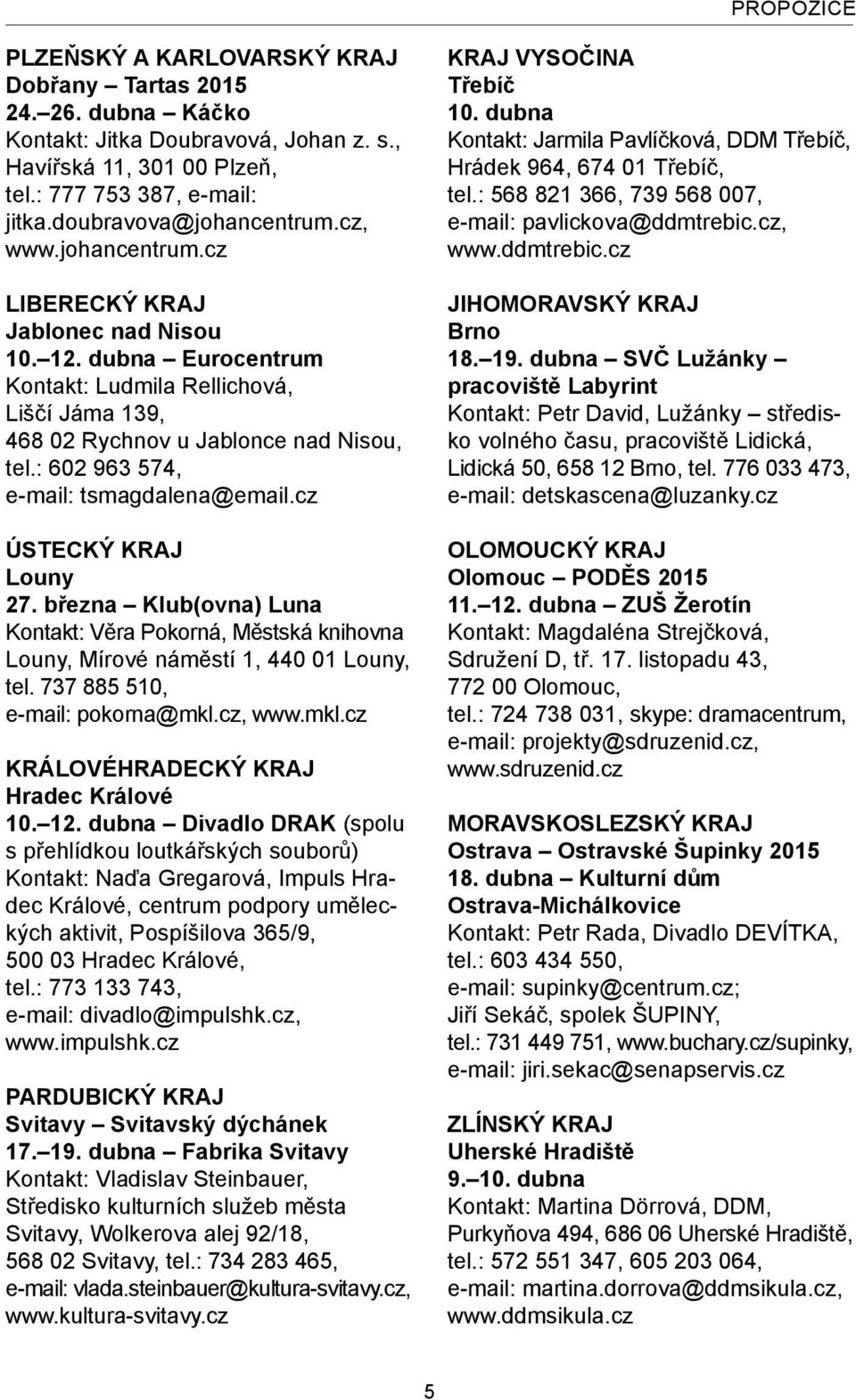 : 602 963 574, e-mail: tsmagdalena@email.cz ÚSTECKÝ KRAJ Louny 27. března Klub(ovna) Luna Kontakt: Věra Pokorná, Městská knihovna Louny, Mírové náměstí 1, 440 01 Louny, tel.