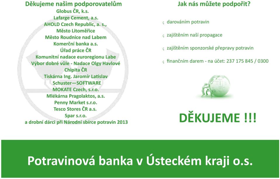 Jaromír La slav Schuster SOFTWARE MOKATE Czech, s.r.o. Mlékárna Pragolaktos, a.s. Penny Market s.r.o. Tesco Stores ČR a.s. Spar s.r.o. a drobní dárci při Národní sbírce potravin 2013 Jak nás můžete podpořit?