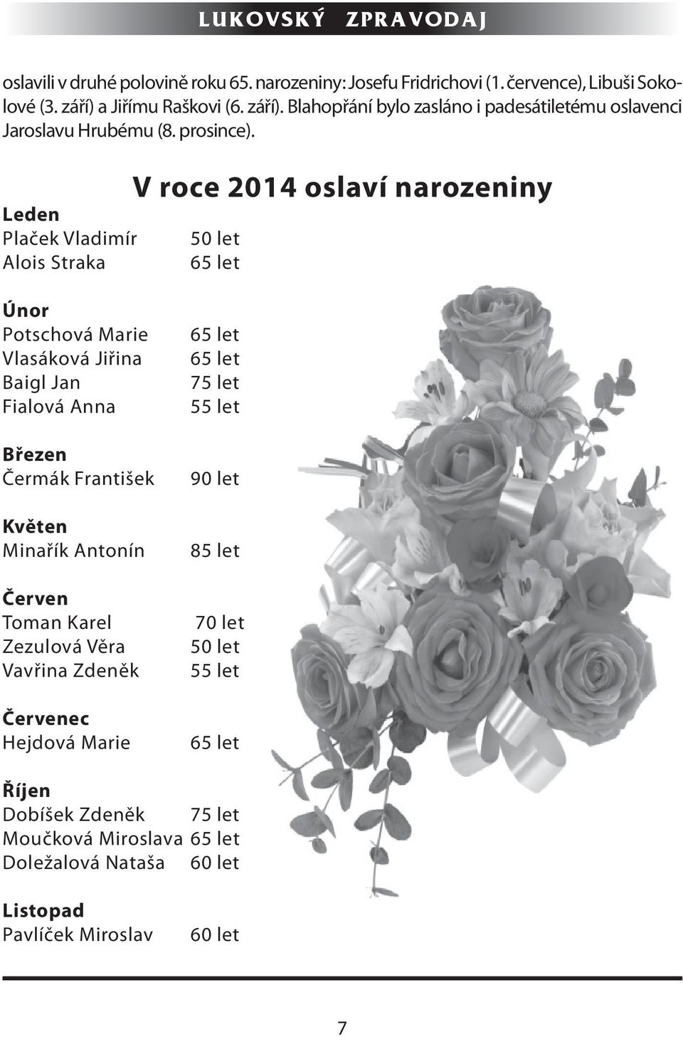 Leden Plaček Vladimír Alois Straka V roce 2014 oslaví narozeniny 50 let 65 let Únor Potschová Marie Vlasáková Jiřina Baigl Jan Fialová Anna Březen Čermák František