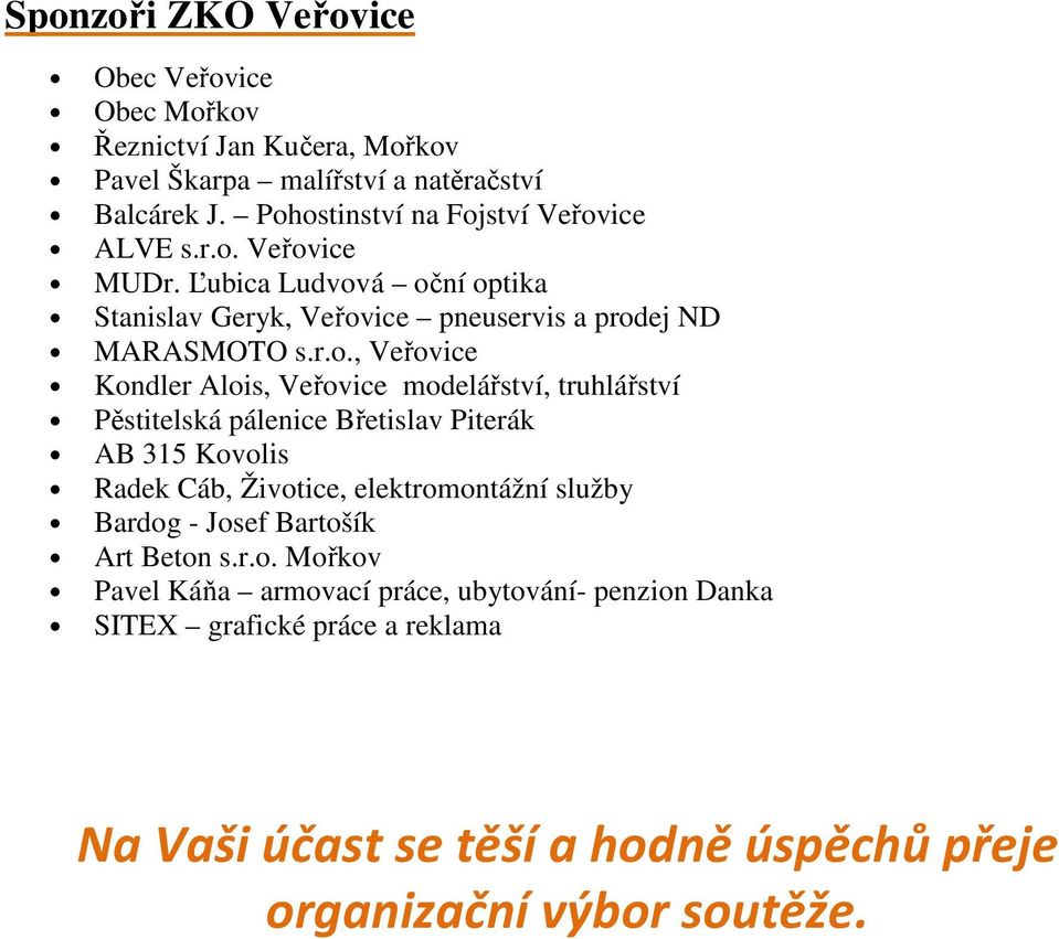 Veřovice Kondler Alois, Veřovice modelářství, truhlářství Pěstitelská pálenice Břetislav Piterák AB 315 Kovolis Radek Cáb, Životice, elektromontážní služby