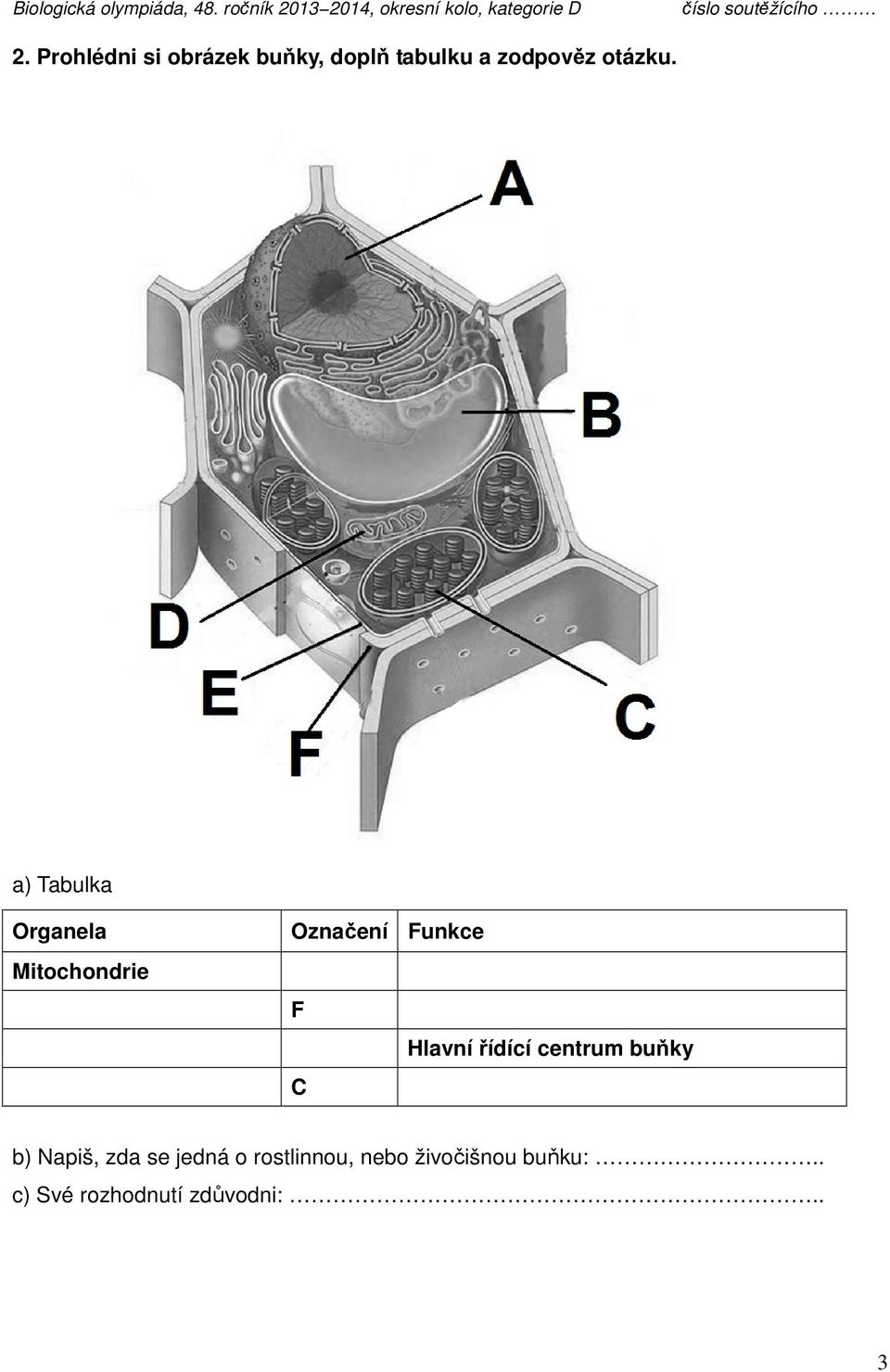 a) Tabulka Organela Mitochondrie Označení Funkce F Hlavní