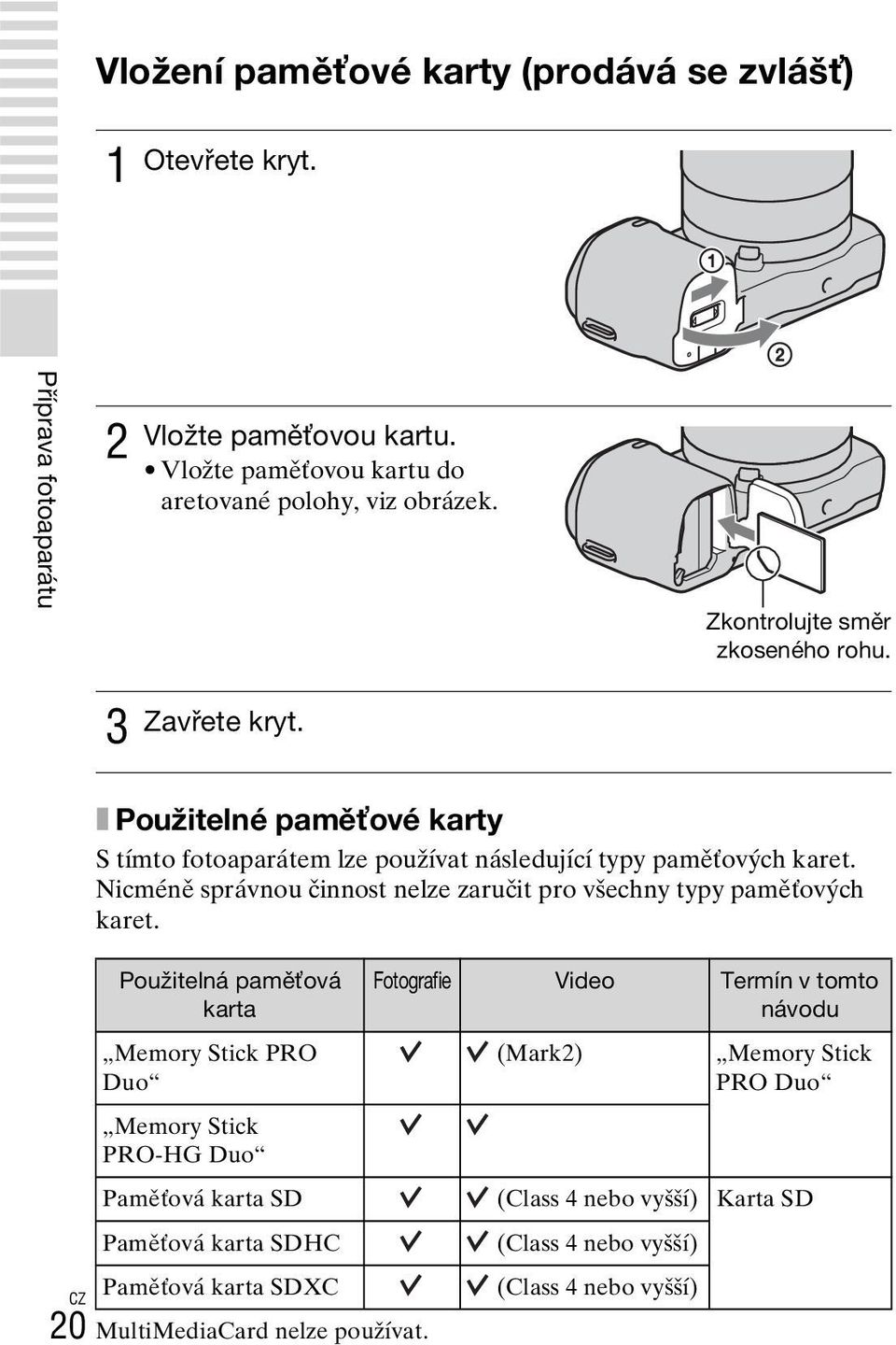 Nicméně správnou činnost nelze zaručit pro všechny typy paměťových karet. Použitelná paměťová karta Memory Stick PRO Duo MultiMediaCard nelze používat.