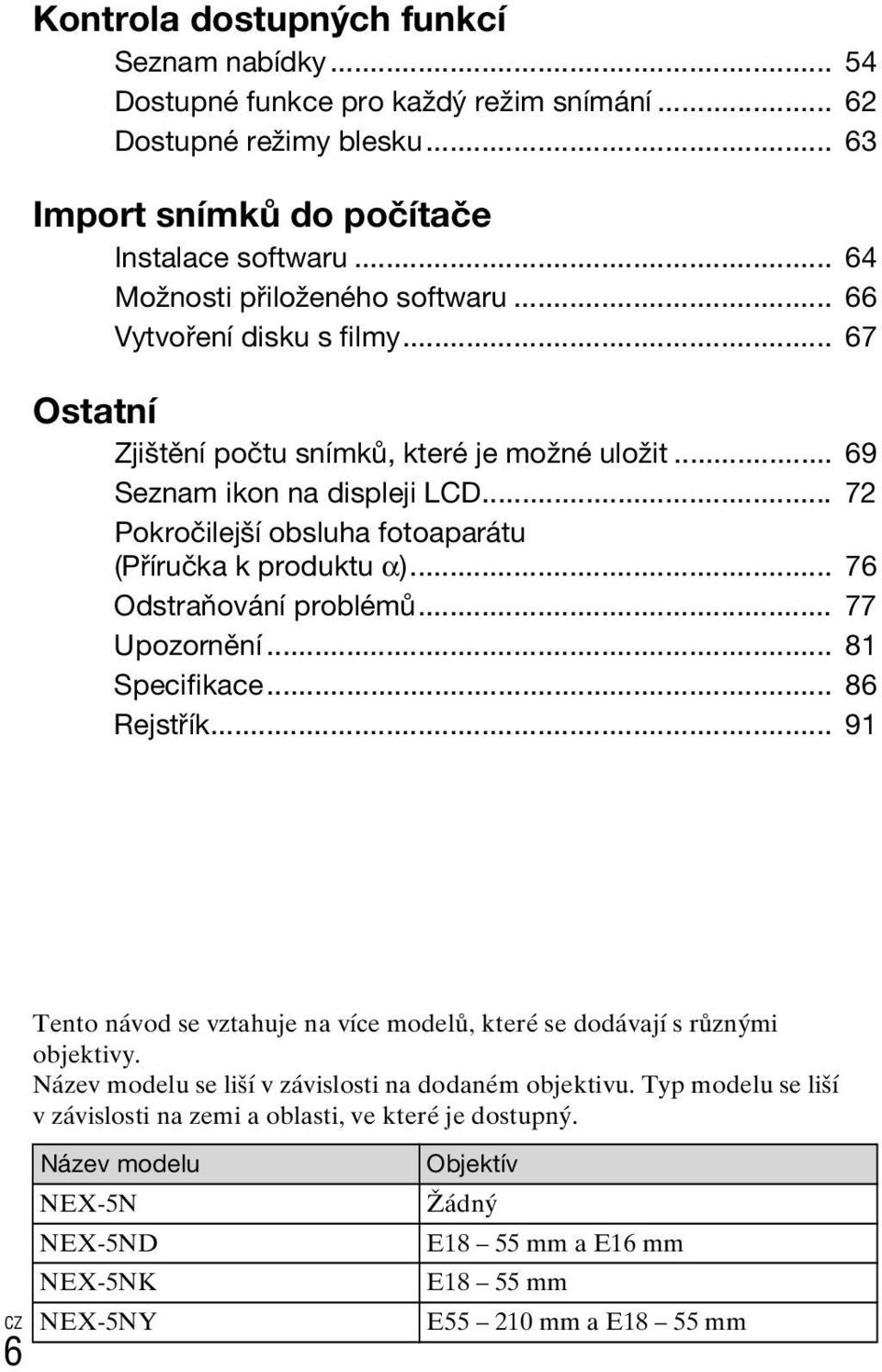 .. 72 Pokročilejší obsluha fotoaparátu (Příručka k produktu α)... 76 Odstraňování problémů... 77 Upozornění... 81 Specifikace... 86 Rejstřík.