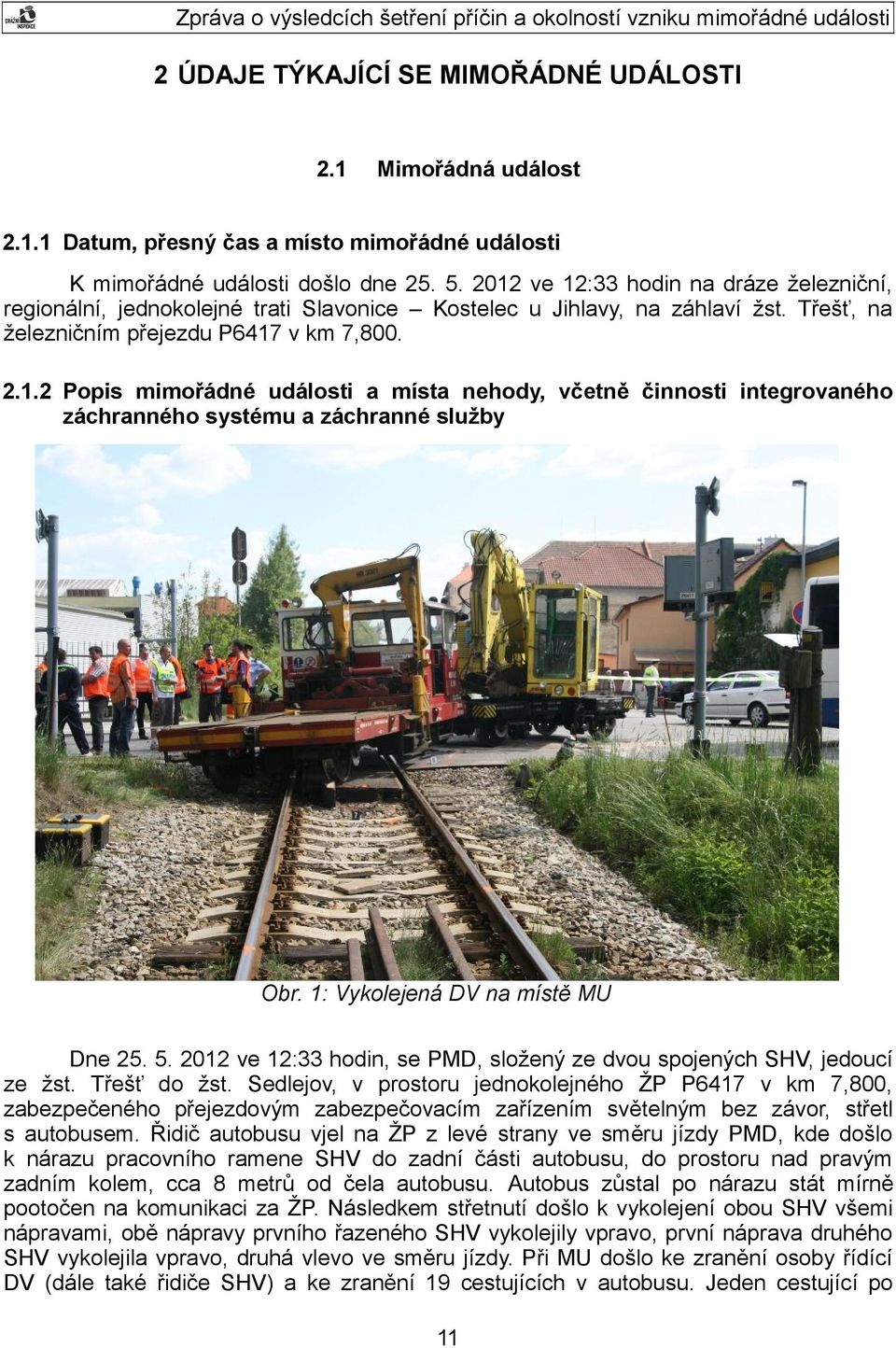 1: Vykolejená DV na místě MU Dne 25. 5. 2012 ve 12:33 hodin, se PMD, složený ze dvou spojených SHV, jedoucí ze žst. Třešť do žst.