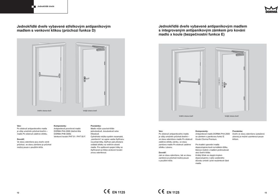 Antipanikové povrchové madlo DORMA PHA 2000 (tlačná lišta DORMA PHB 3000) Venkovní kování PHT 01 / PHT 05 F. Madlo může uzavírat křídlo jednobodově, dvoubodově nebo tříbodově.