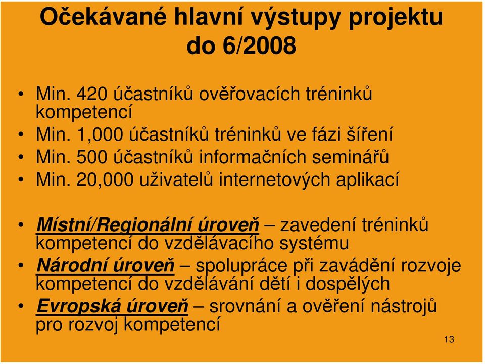 20,000 uživatelů internetových aplikací Místní/Regionální úroveň zavedení tréninků kompetencí do vzdělávacího