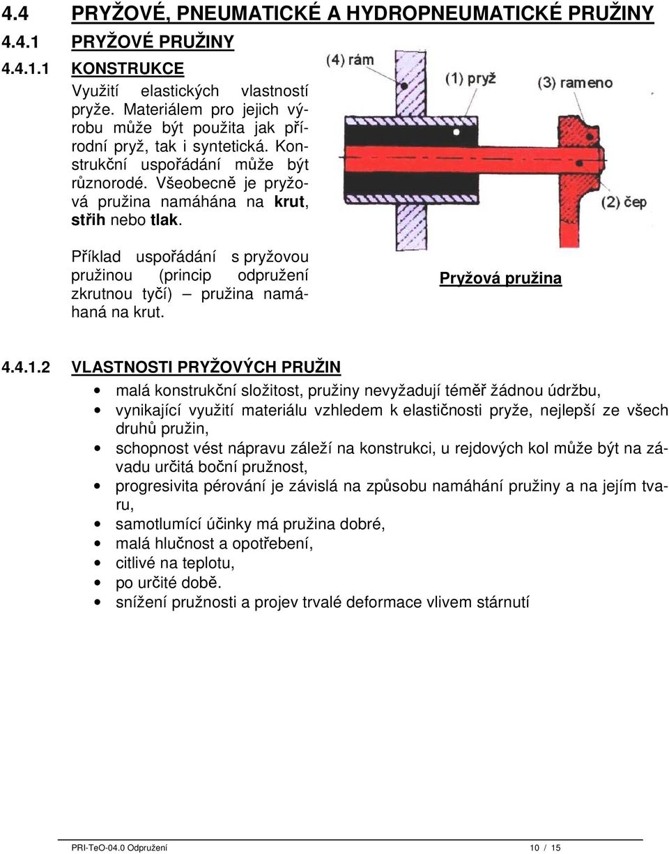Příklad uspořádání s pryžovou pružinou (princip odpružení zkrutnou tyčí) pružina namáhaná na krut. Pryžová pružina 4.4.1.