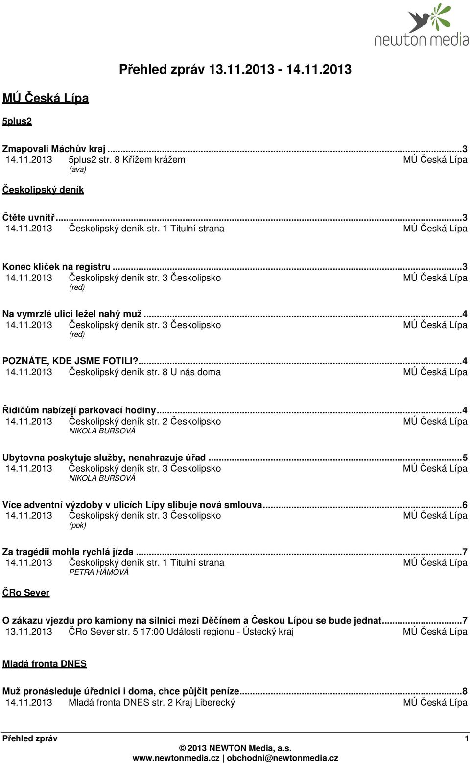 ... 4 14.11.2013 Českolipský deník str. 8 U nás doma Řidičům nabízejí parkovací hodiny... 4 14.11.2013 Českolipský deník str. 2 Českolipsko NIKOLA BURSOVÁ Ubytovna poskytuje služby, nenahrazuje úřad.