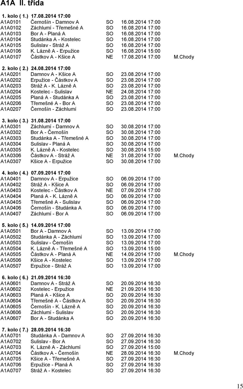 08.2014 17:00 A1A0202 Erpužice - Částkov A SO 23.08.2014 17:00 A1A0203 Stráž A - K. Lázně A SO 23.08.2014 17:00 A1A0204 Kostelec - Sulislav NE 24.08.2014 17:00 A1A0205 Planá A - Studánka A SO 23.08.2014 17:00 A1A0206 Třemešné A - Bor A SO 23.