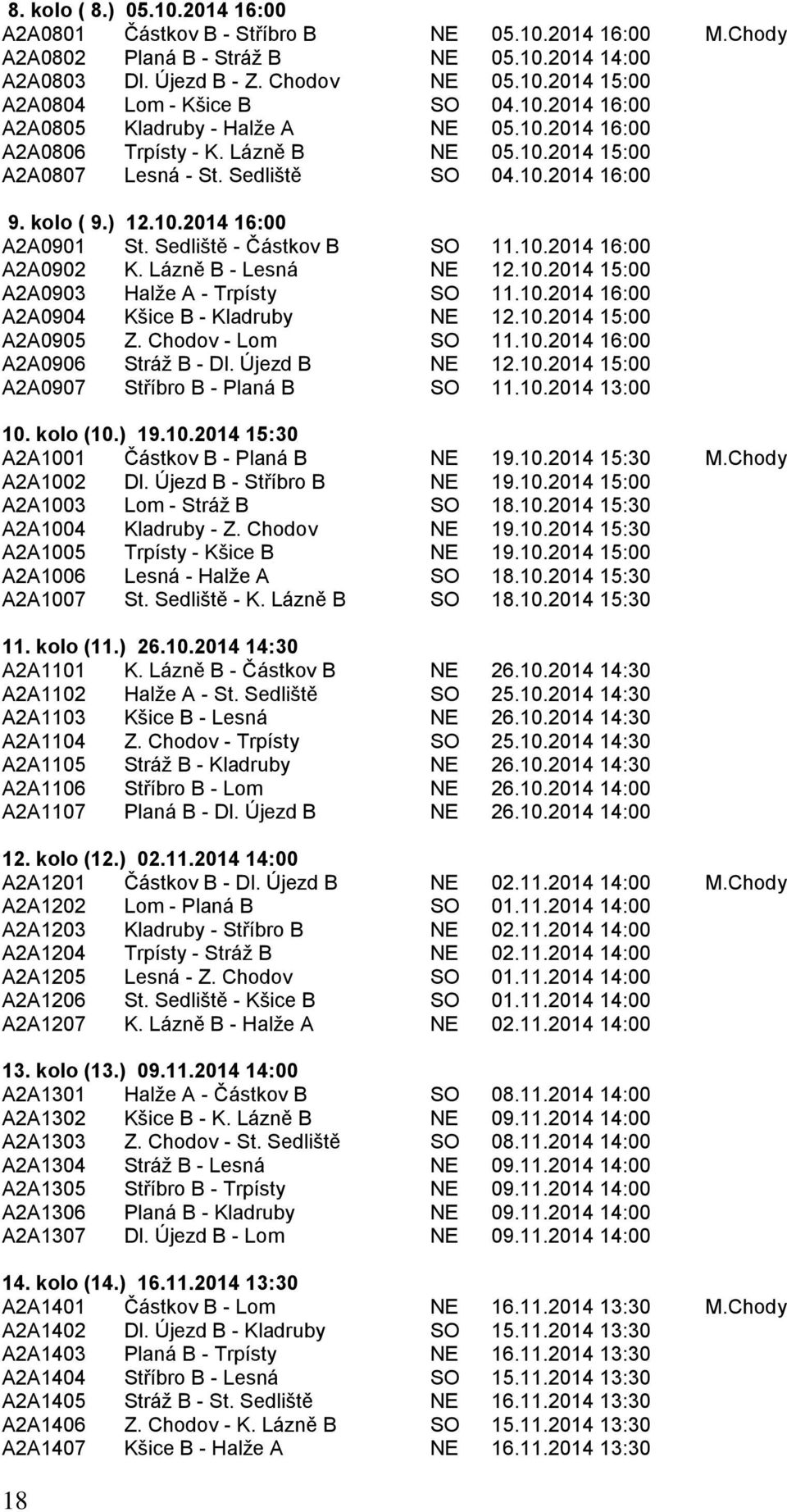 Sedliště - Částkov B SO 11.10.2014 16:00 A2A0902 K. Lázně B - Lesná NE 12.10.2014 15:00 A2A0903 Halže A - Trpísty SO 11.10.2014 16:00 A2A0904 Kšice B - Kladruby NE 12.10.2014 15:00 A2A0905 Z.