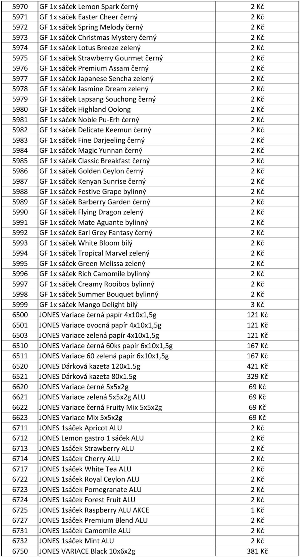 sáček Lapsang Souchong černý 2 Kč 5980 GF 1x sáček Highland Oolong 2 Kč 5981 GF 1x sáček Noble Pu-Erh černý 2 Kč 5982 GF 1x sáček Delicate Keemun černý 2 Kč 5983 GF 1x sáček Fine Darjeeling černý 2