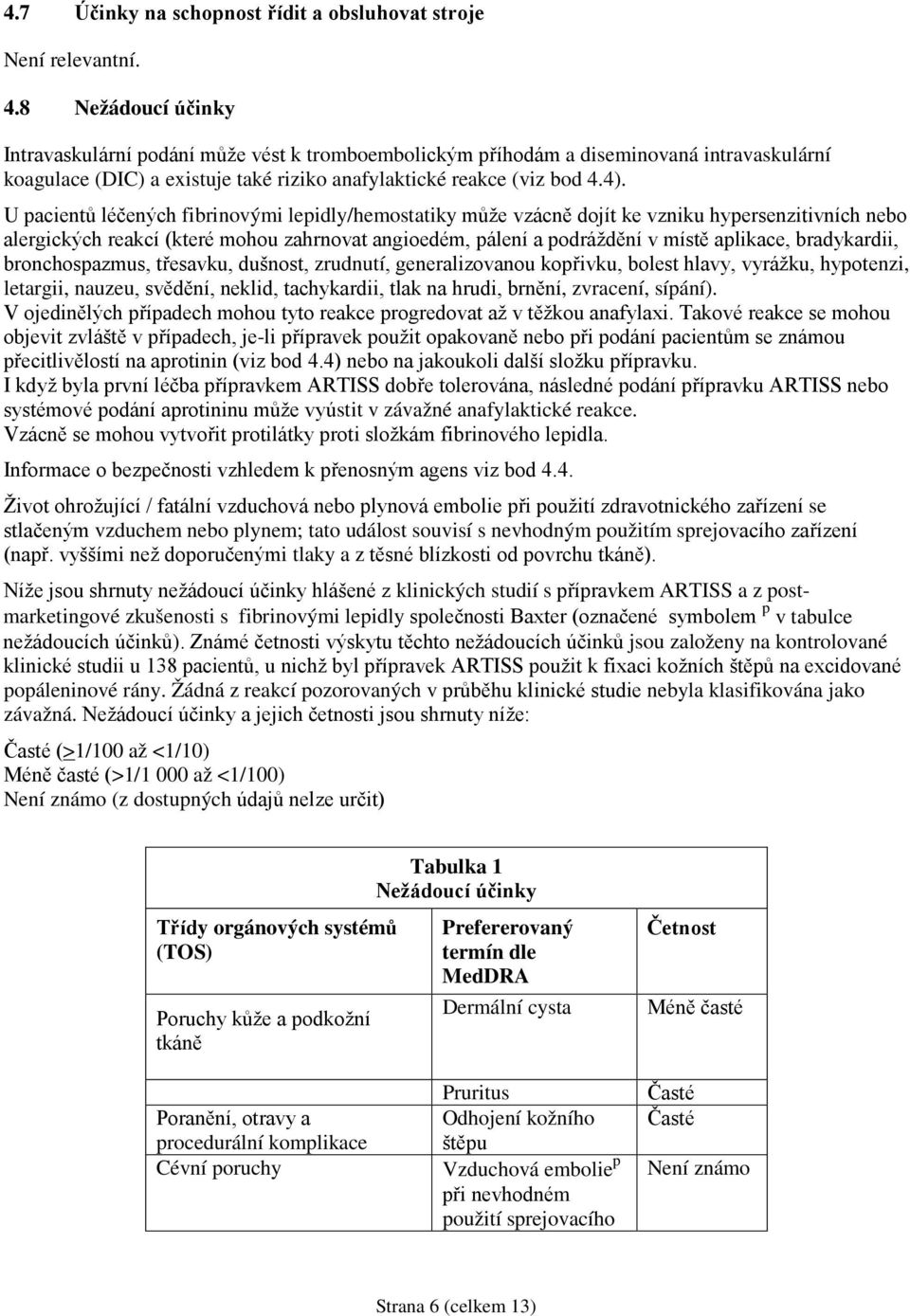 U pacientů léčených fibrinovými lepidly/hemostatiky může vzácně dojít ke vzniku hypersenzitivních nebo alergických reakcí (které mohou zahrnovat angioedém, pálení a podráždění v místě aplikace,