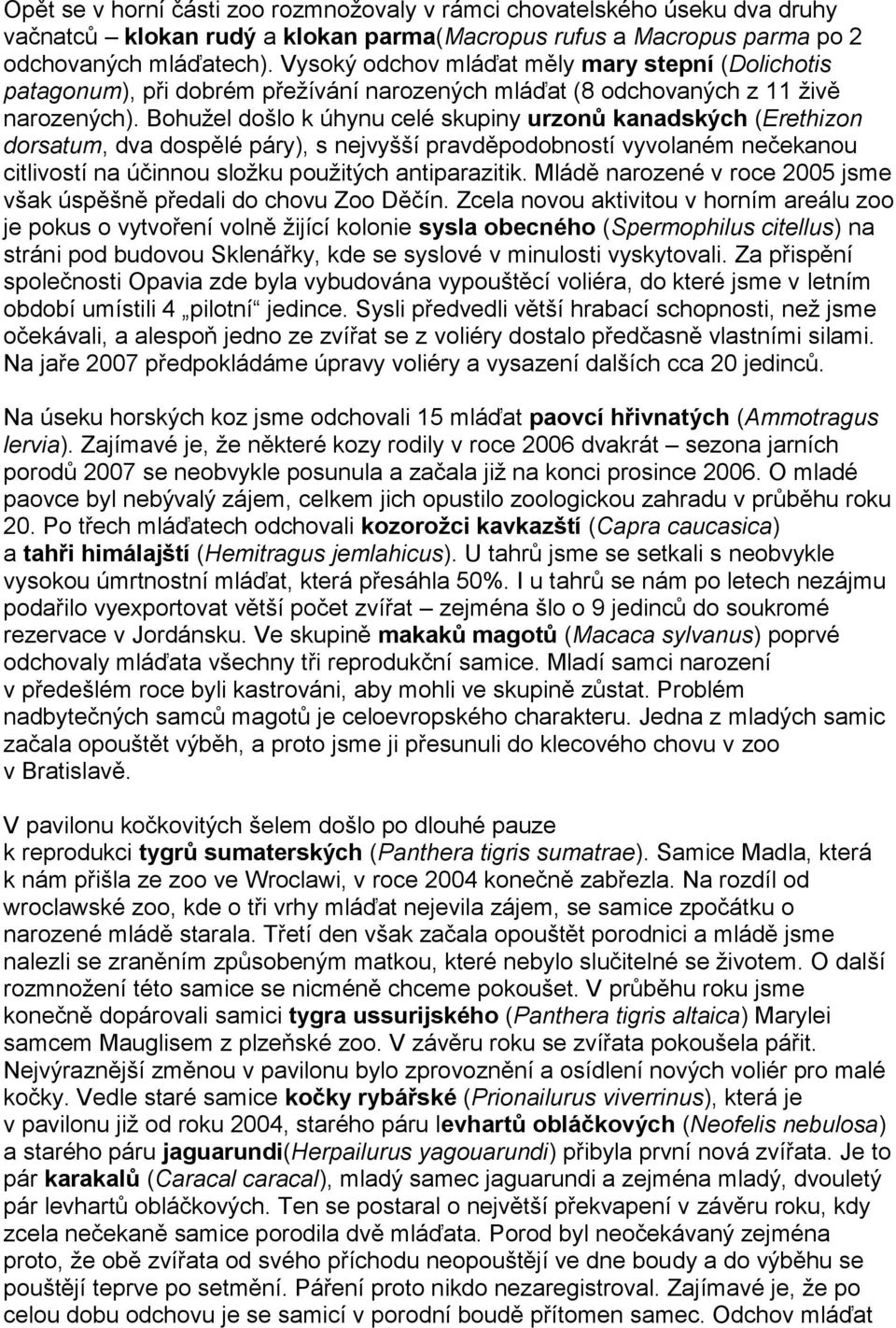 Bohužel došlo k úhynu celé skupiny urzonů kanadských (Erethizon dorsatum, dva dospělé páry), s nejvyšší pravděpodobností vyvolaném nečekanou citlivostí na účinnou složku použitých antiparazitik.