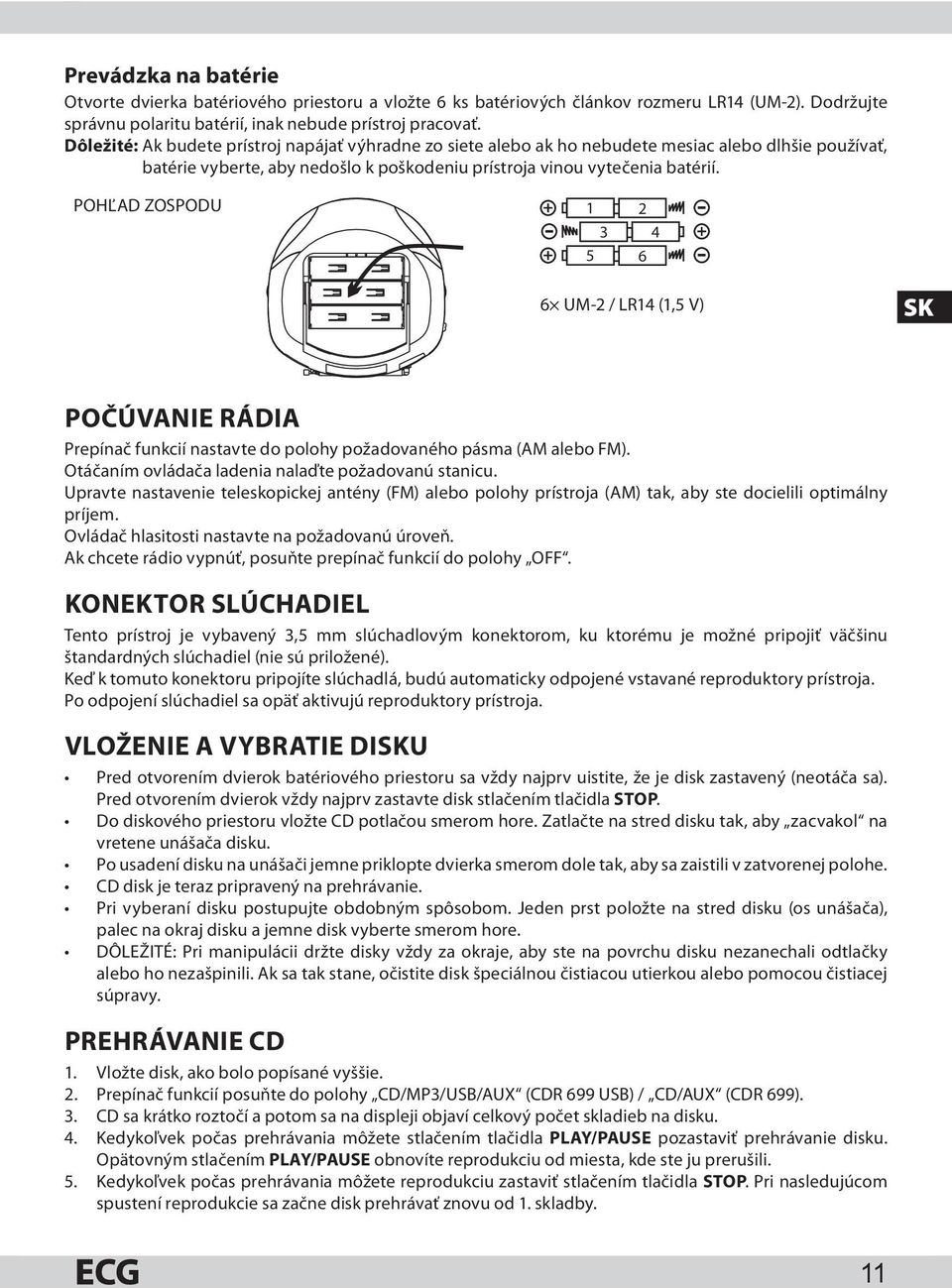 POHĽAD ZOSPODU 1 2 4 3 5 6 6 UM-2 / LR14 (1,5 V) SK POČÚVANIE RÁDIA Prepínač funkcií nastavte do polohy požadovaného pásma (AM alebo FM). Otáčaním ovládača ladenia nalaďte požadovanú stanicu.