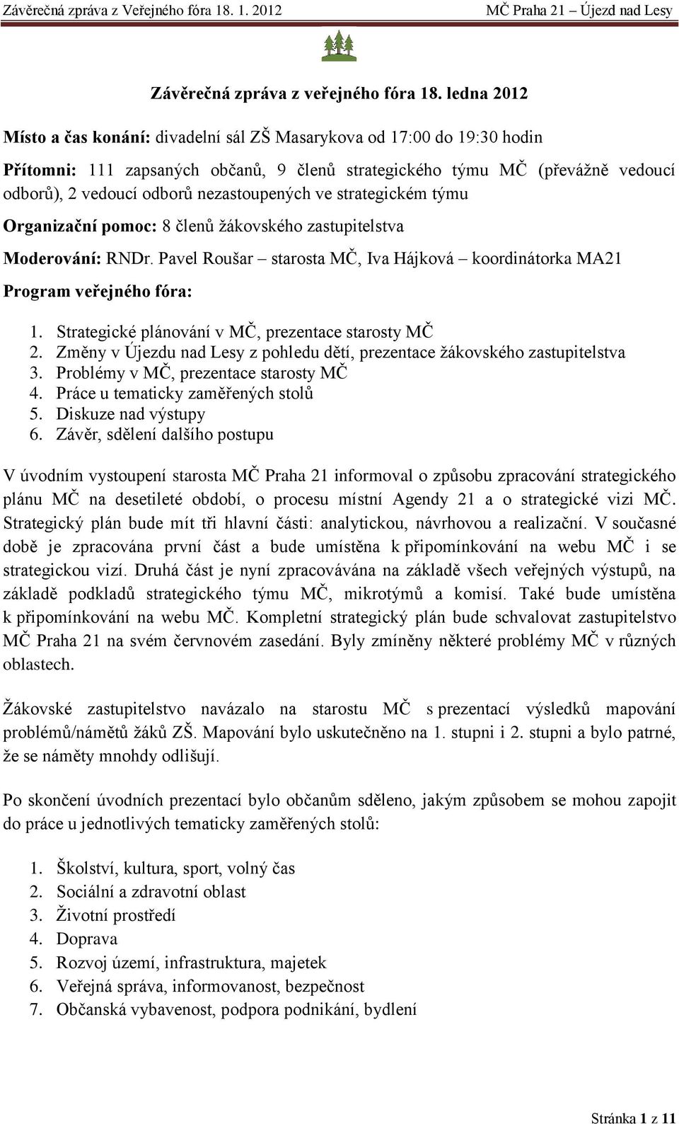 nezastoupených ve strategickém týmu Organizační pomoc: 8 členů žákovského zastupitelstva Moderování: RNDr. Pavel Roušar starosta MČ, Iva Hájková koordinátorka MA21 Program veřejného fóra: 1.