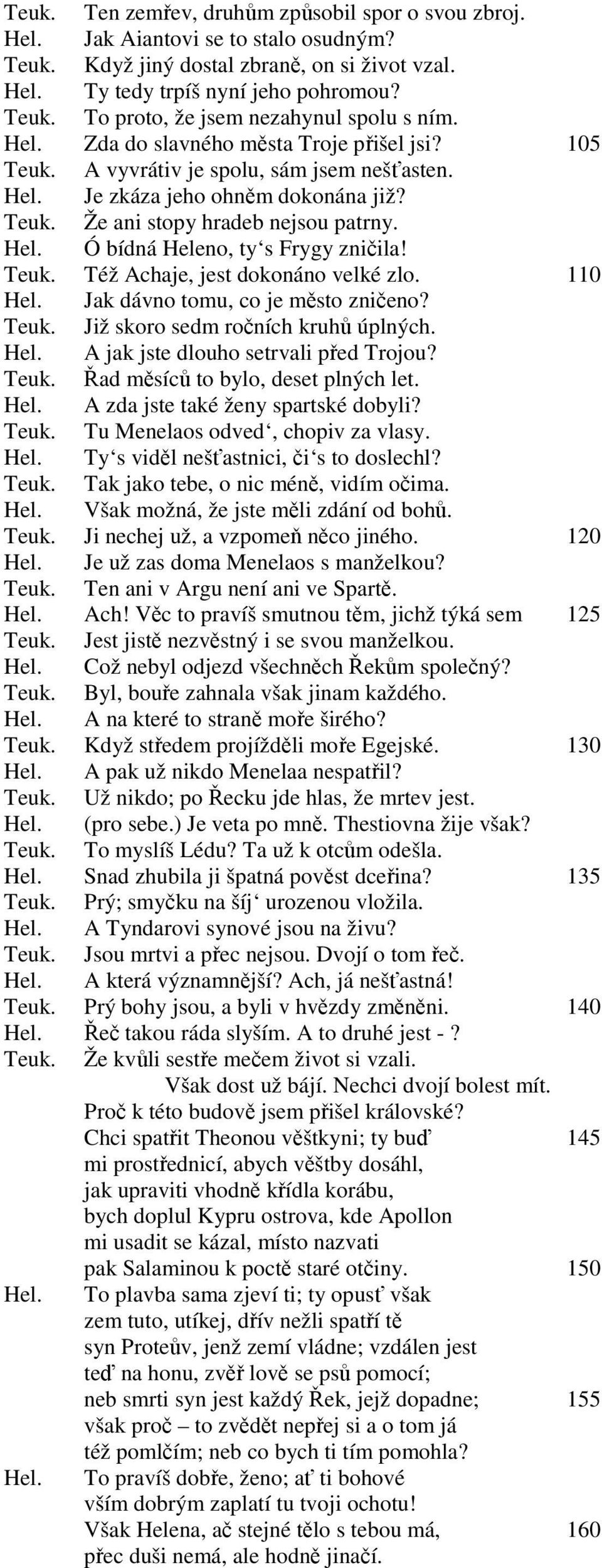 Teuk. Též Achaje, jest dokonáno velké zlo. 110 Hel. Jak dávno tomu, co je město zničeno? Teuk. Již skoro sedm ročních kruhů úplných. Hel. A jak jste dlouho setrvali před Trojou? Teuk. Řad měsíců to bylo, deset plných let.