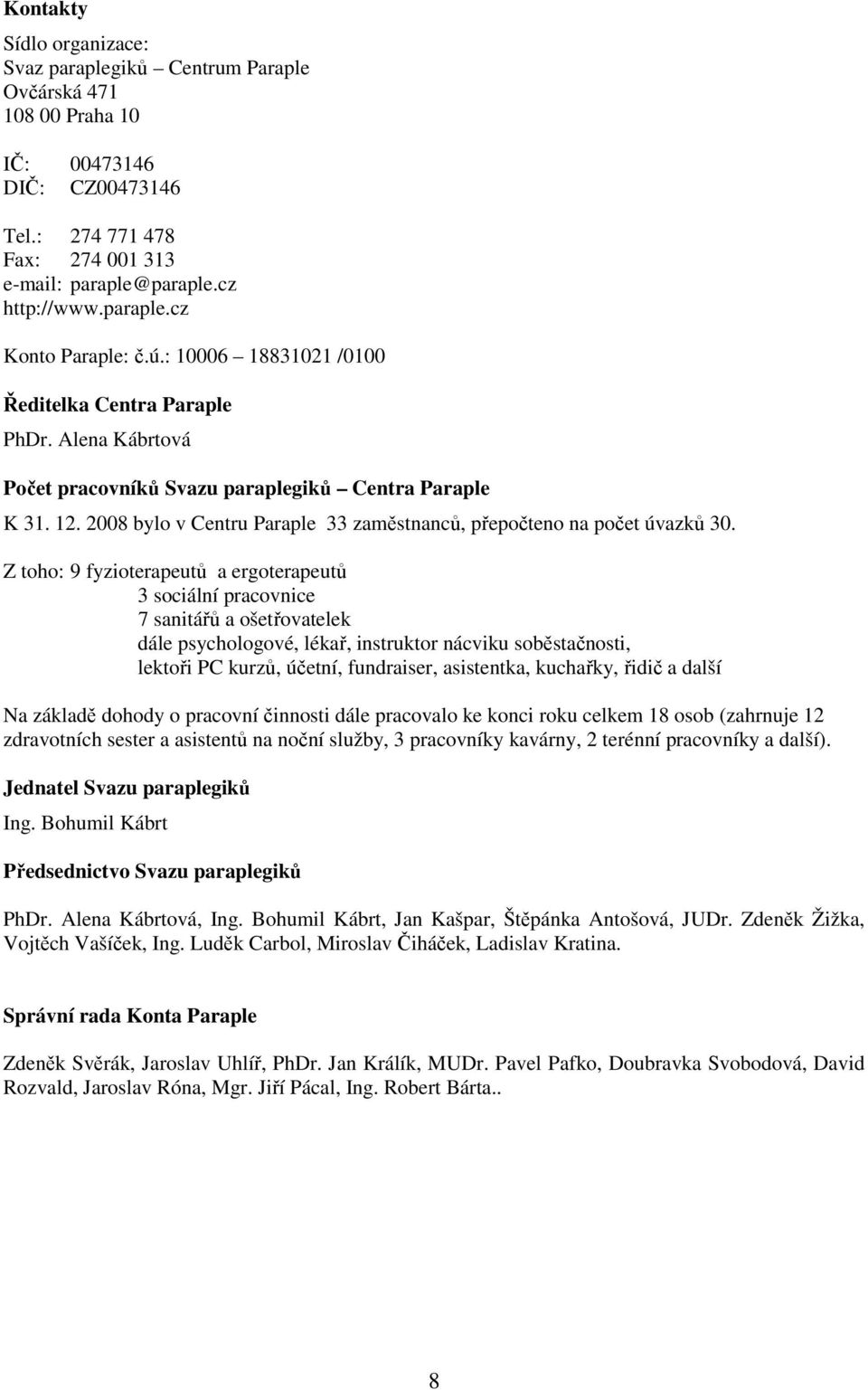 2008 bylo v Centru Paraple 33 zaměstnanců, přepočteno na počet úvazků 30.