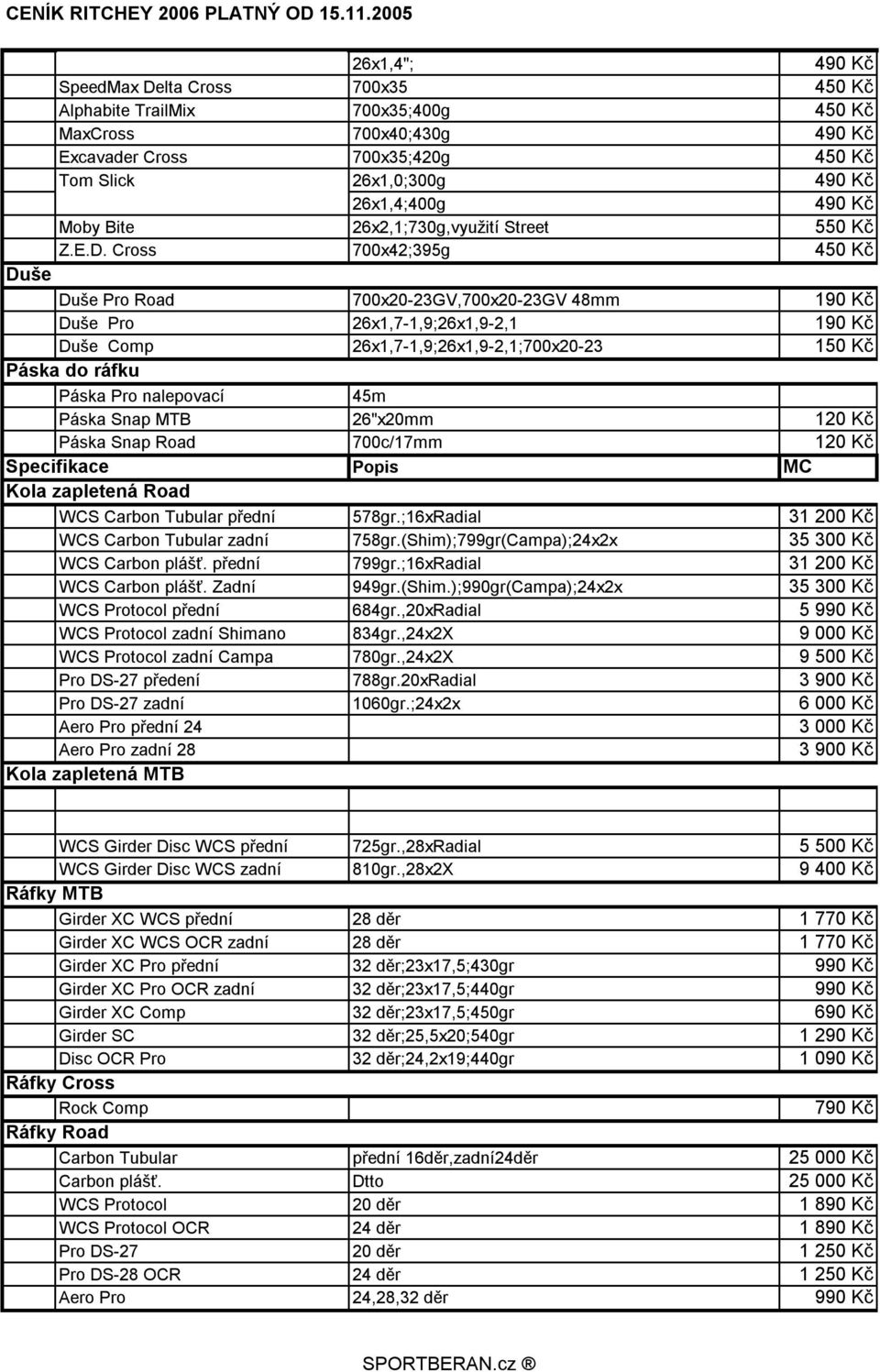 Cross 700x42;395g Duše Duše Pro Road 700x20-23GV,700x20-23GV 48mm 190 Kč Duše Pro 26x1,7-1,9;26x1,9-2,1 190 Kč Duše Comp 26x1,7-1,9;26x1,9-2,1;700x20-23 150 Kč Páska do ráfku Páska Pro nalepovací 45m