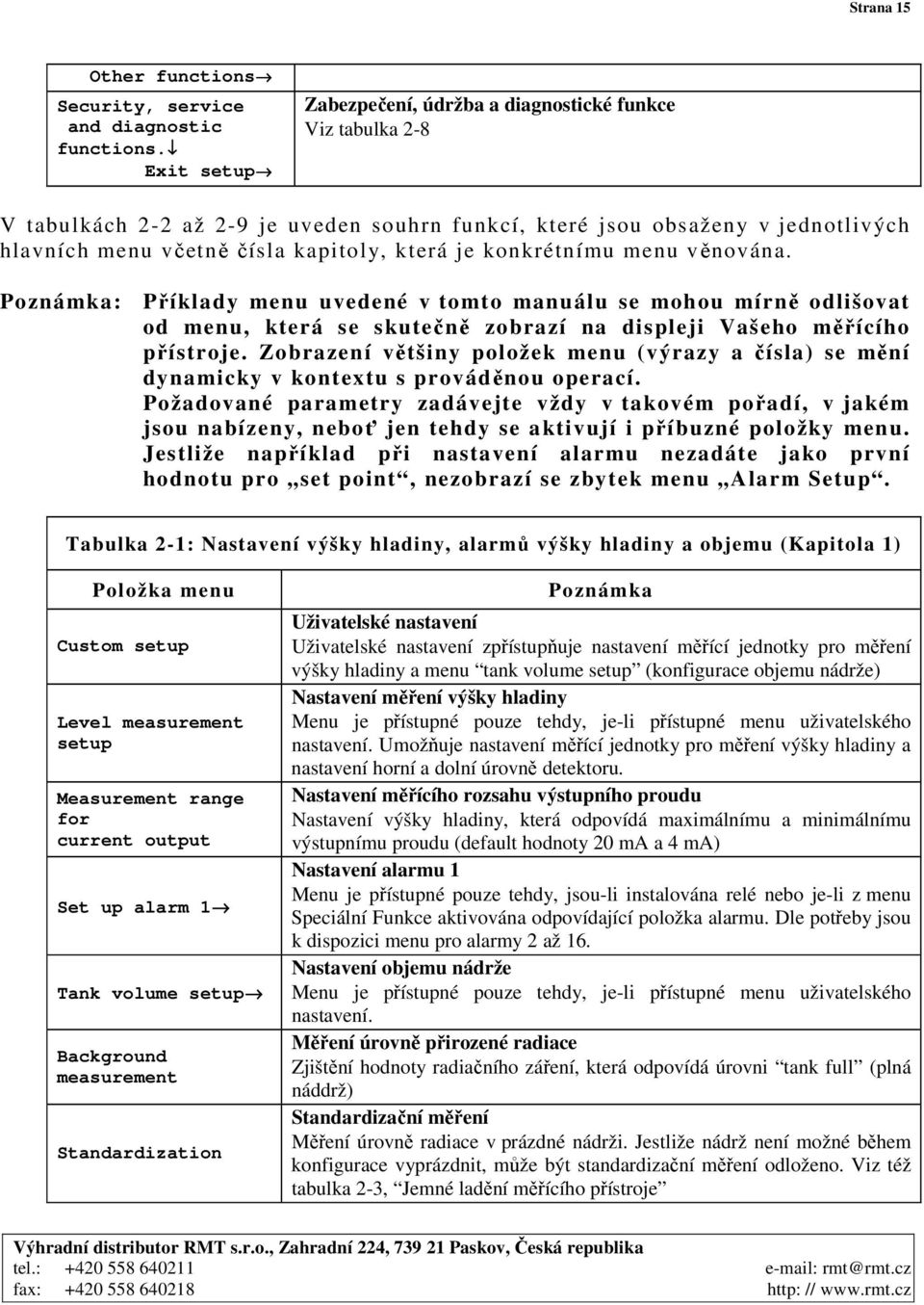 konkrétnímu menu věnována. Poznámka: Příklady menu uvedené v tomto manuálu se mohou mírně odlišovat od menu, která se skutečně zobrazí na displeji Vašeho měřícího přístroje.