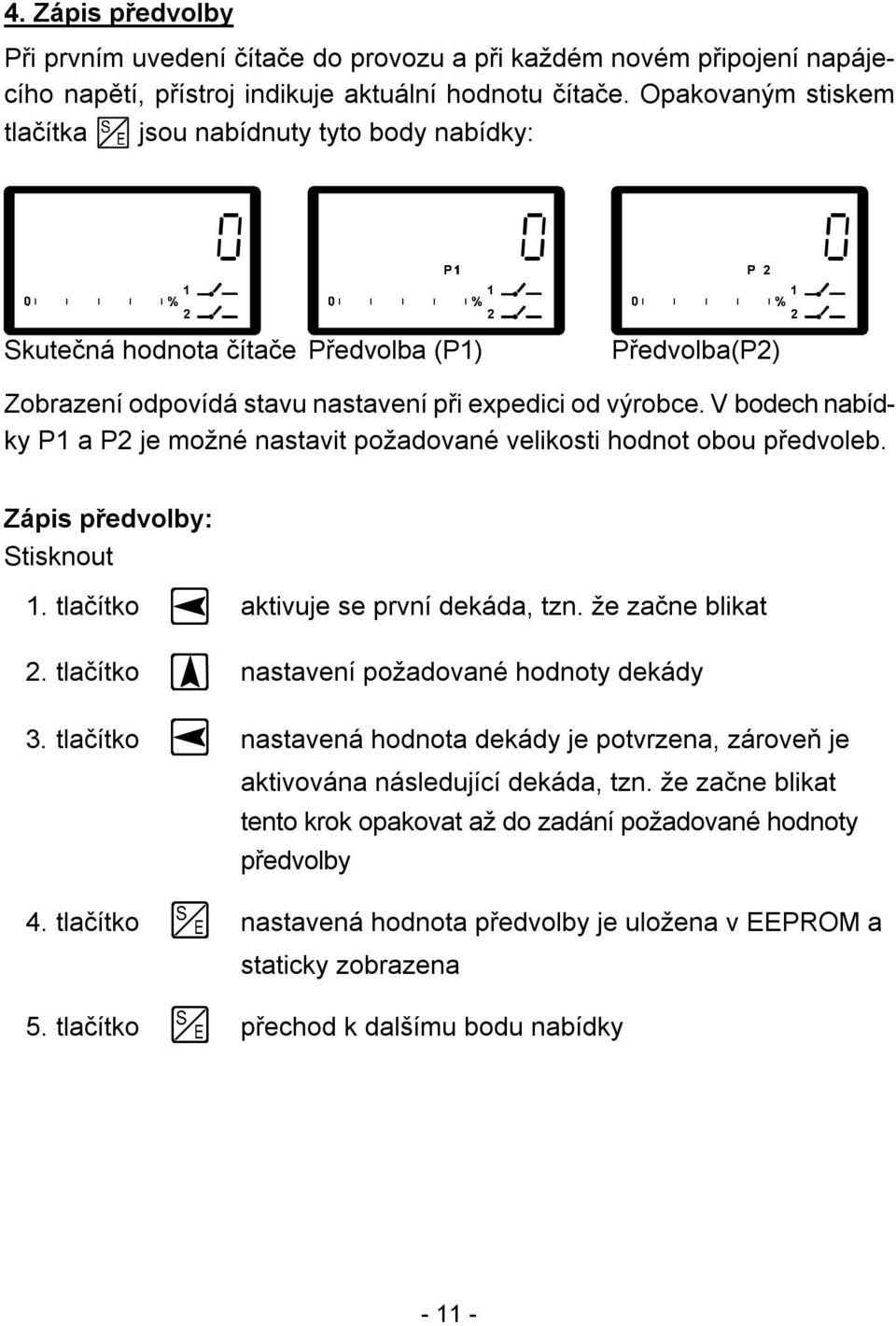 V bodech nabídky P1 a P2 je možné nastavit požadované velikosti hodnot obou předvoleb. Zápis předvolby: Stisknout 1. tlačítko aktivuje se první dekáda, tzn. že začne blikat 2.