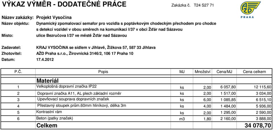 značka A11, AL plech základní rozměr ks 2,00 1 517,00 3 034,00 3 Upevňovací souprava dopravních značek ks 6,00 1 085,85 6 515,10 4 Přestavný sloupek prům.