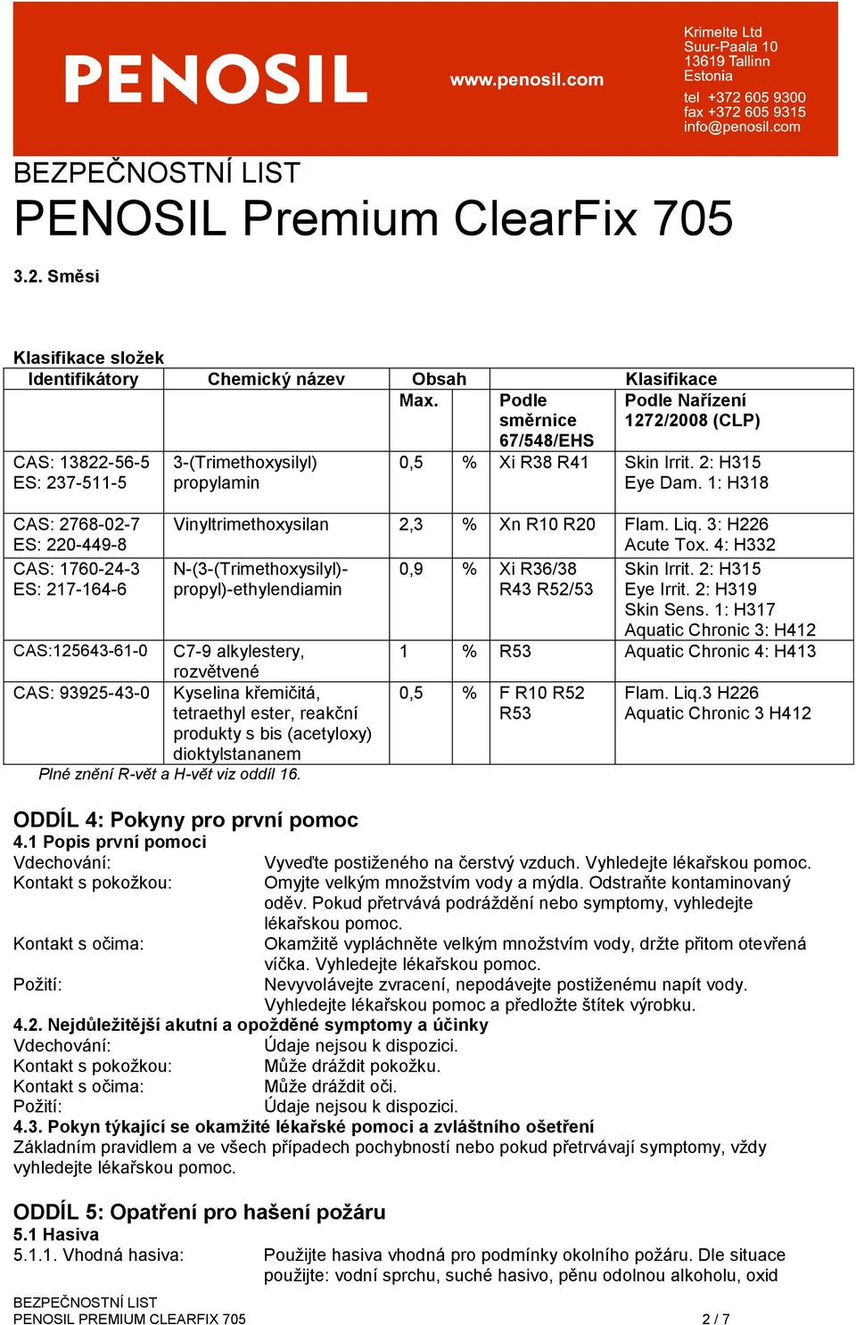 1272/2008 (CLP) 0,5 % Xi R38 R41 Skin Irrit. 2: H315 Eye Dam. 1: H318 Vinyltrimethoxysilan 2,3 % Xn R10 R20 Flam. Liq. 3: H226 Acute Tox. 4: H332 N-(3-(Trimethoxysilyl)- 0,9 % Xi R36/38 Skin Irrit.