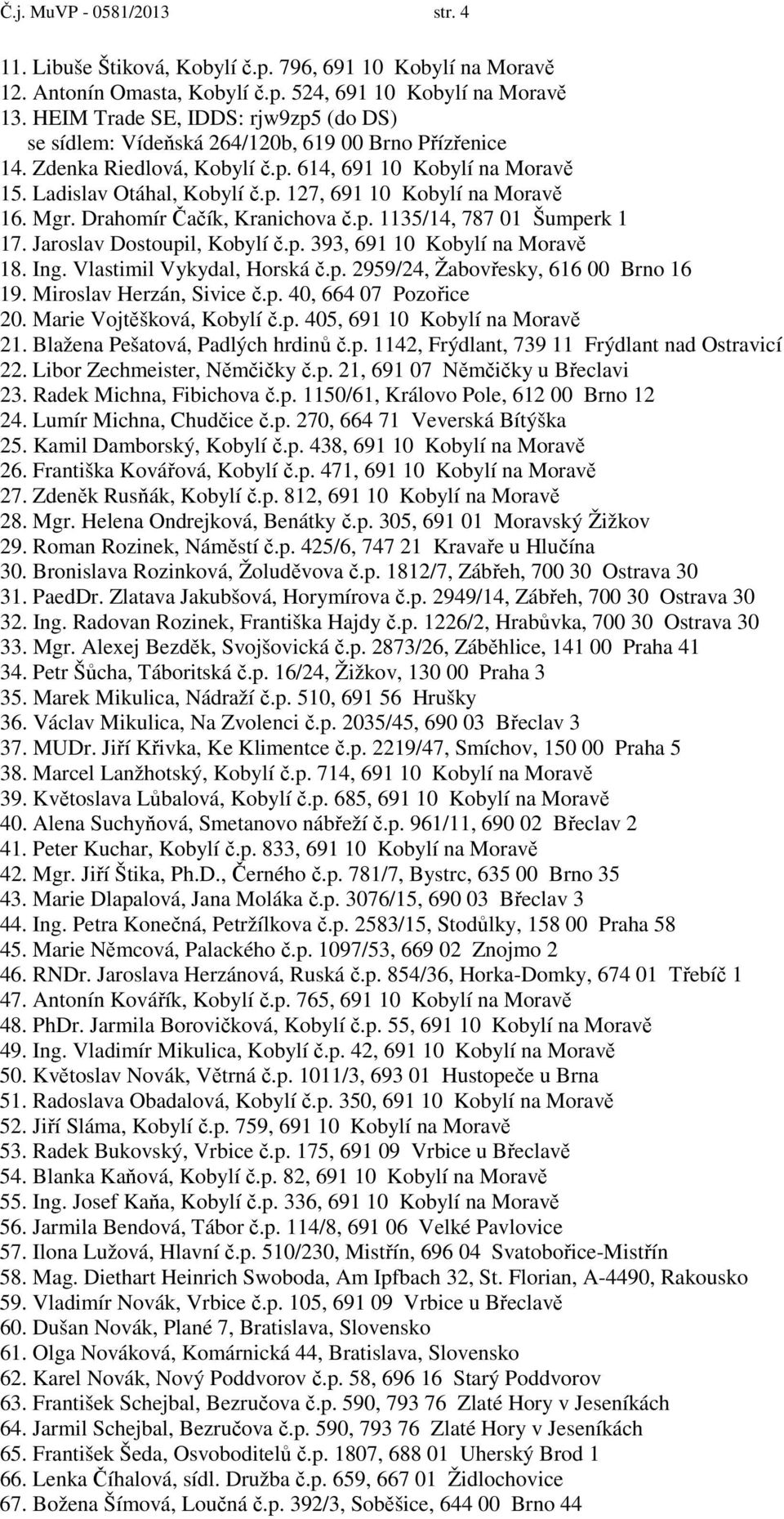 Mgr. Drahomír Čačík, Kranichova č.p. 1135/14, 787 01 Šumperk 1 17. Jaroslav Dostoupil, Kobylí č.p. 393, 691 10 Kobylí na Moravě 18. Ing. Vlastimil Vykydal, Horská č.p. 2959/24, Žabovřesky, 616 00 Brno 16 19.